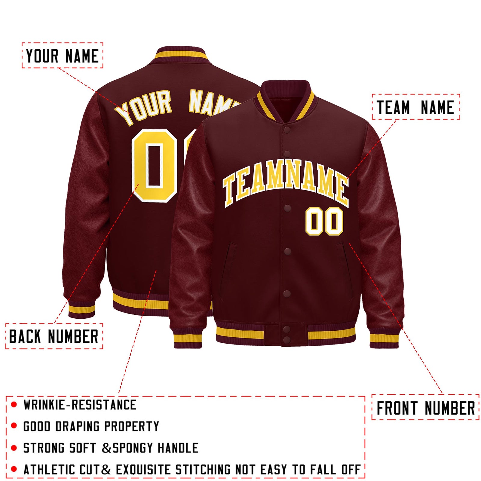 Custom Burgundy White Classic Style Leather Sleeves Wrinkle-Resistant Jacket| KXKSHOP