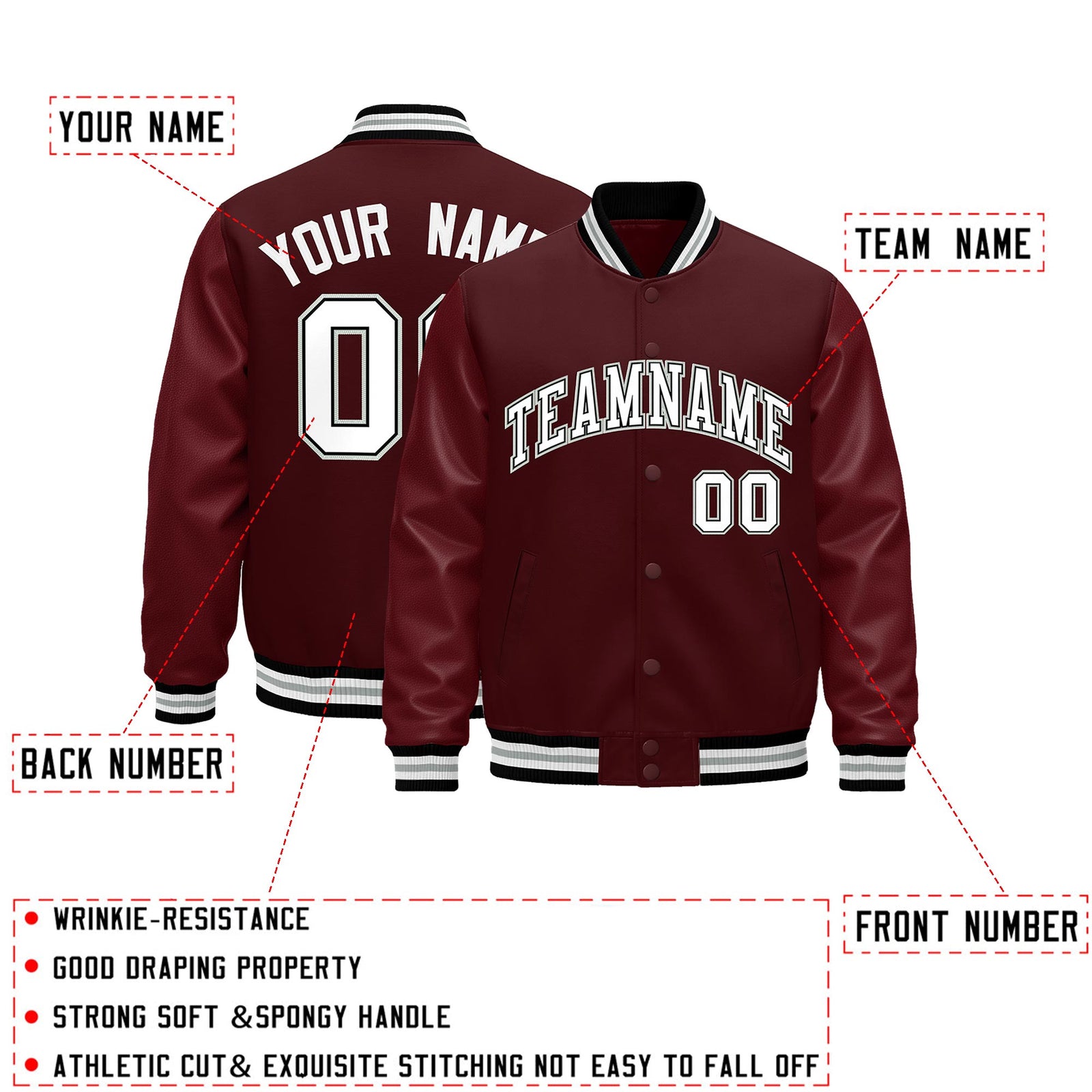 Custom Burgundy White Classic Style Leather Sleeves Wrinkle-Resistant Jacket| KXKSHOP