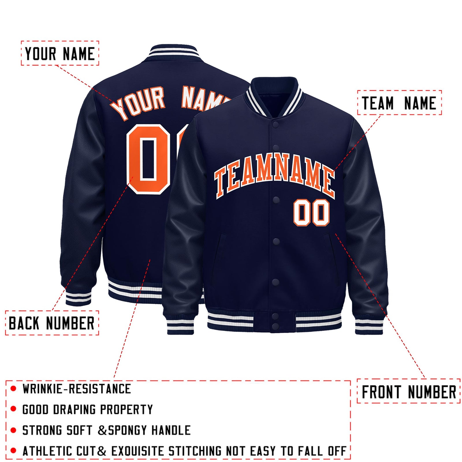 Custom Navy Orange Classic Style Leather Sleeves Wrinkle-Resistant Jacket| KXKSHOP