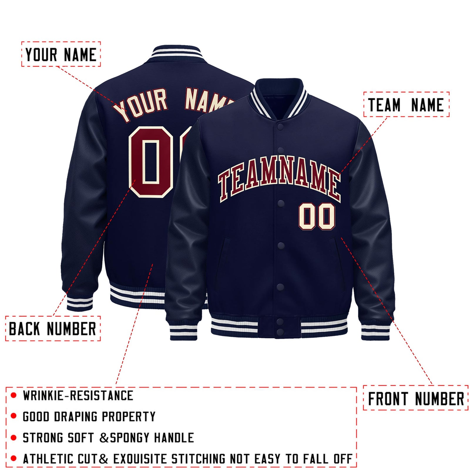 Custom Navy Cream Classic Style Leather Sleeves Wrinkle-Resistant Jacket| KXKSHOP