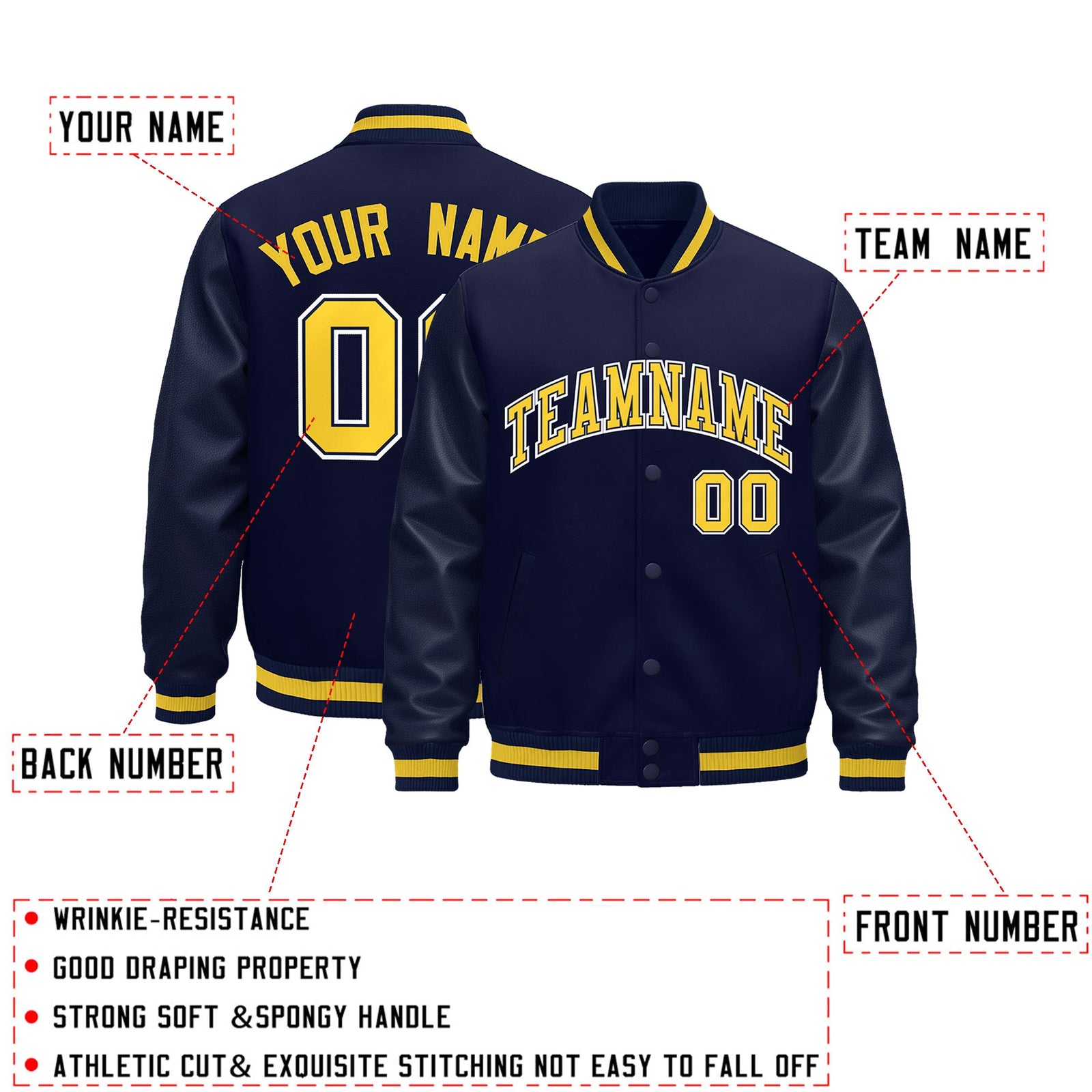 Custom Navy Gold Classic Style Leather Sleeves Wrinkle-Resistant Jacket| KXKSHOP