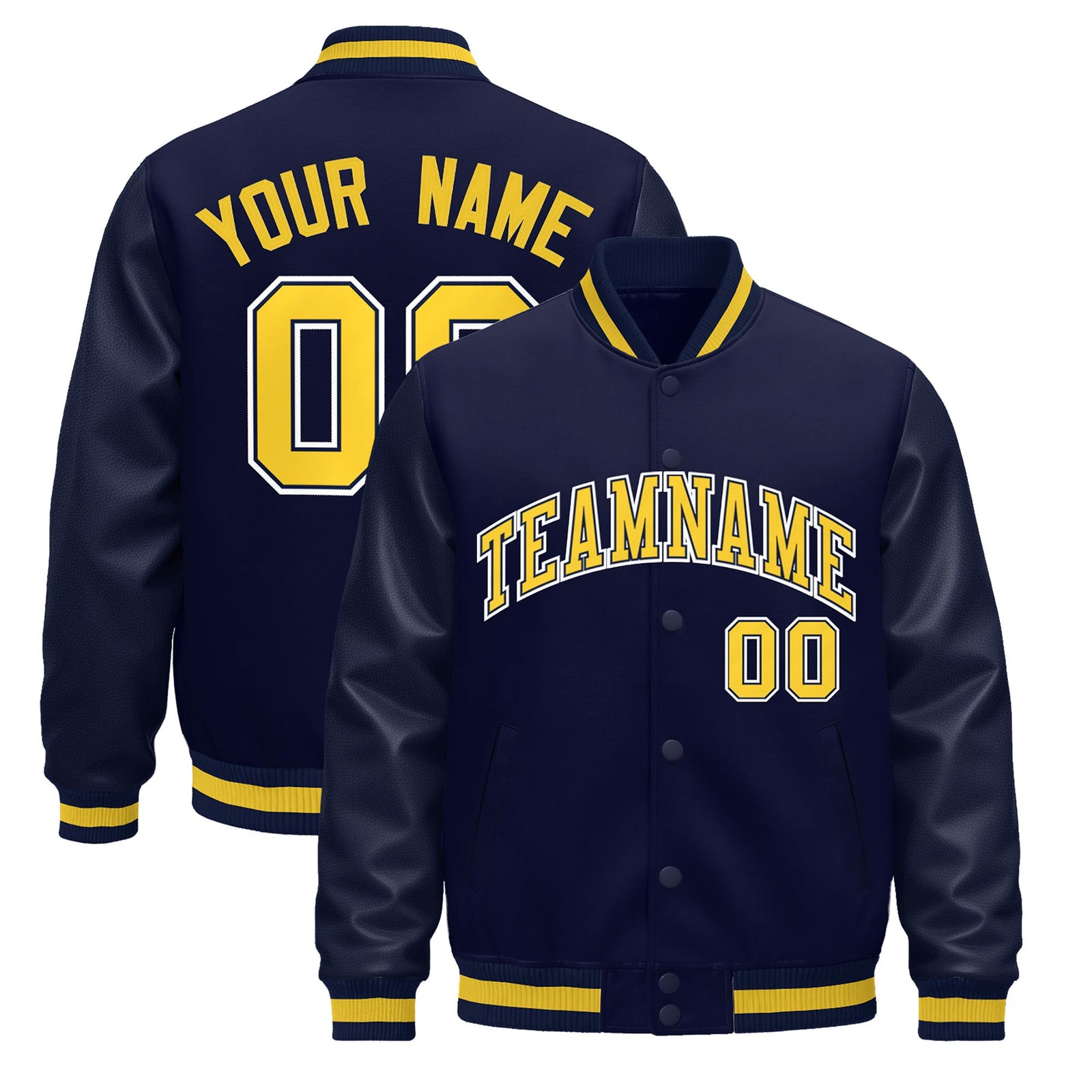 Custom Navy Gold Jacket - Classic Style Leather Sleeves Wrinkle-Resistant