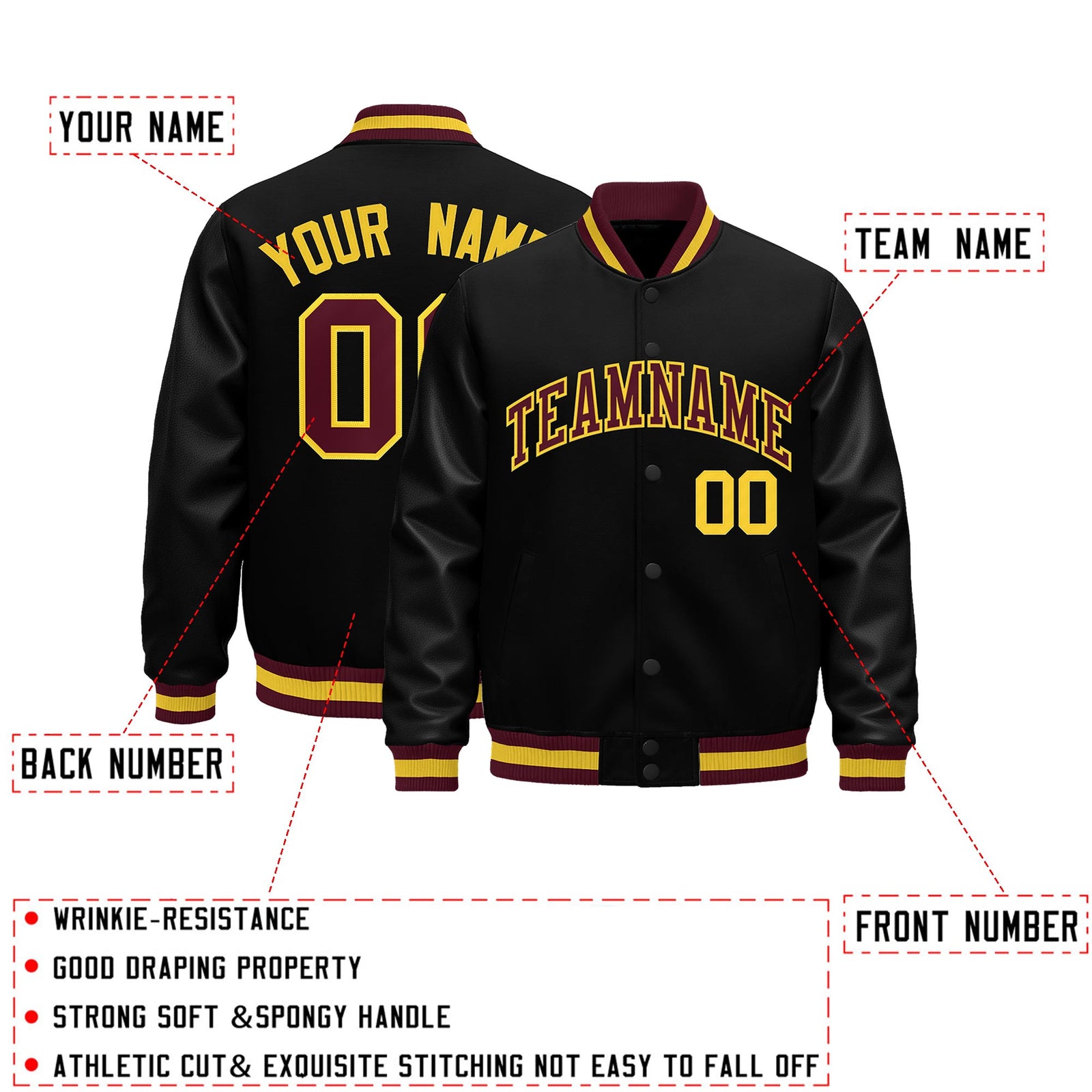 Custom Black Crimson Gold Classic Style Leather Sleeves Wrinkle-Resistant Jacket| KXKSHOP
