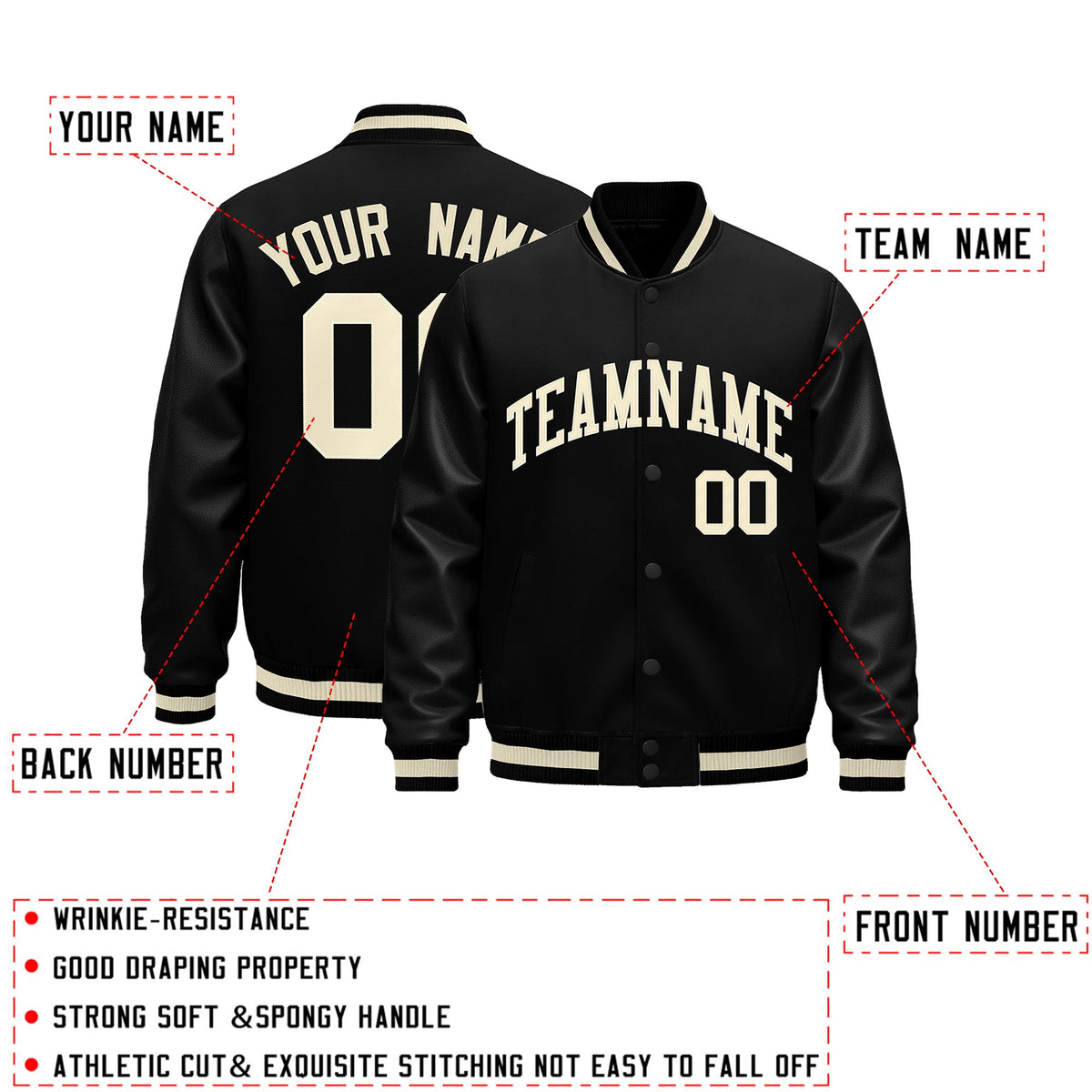 Custom Black Cream Classic Style Leather Sleeves Wrinkle-Resistant Jacket| KXKSHOP