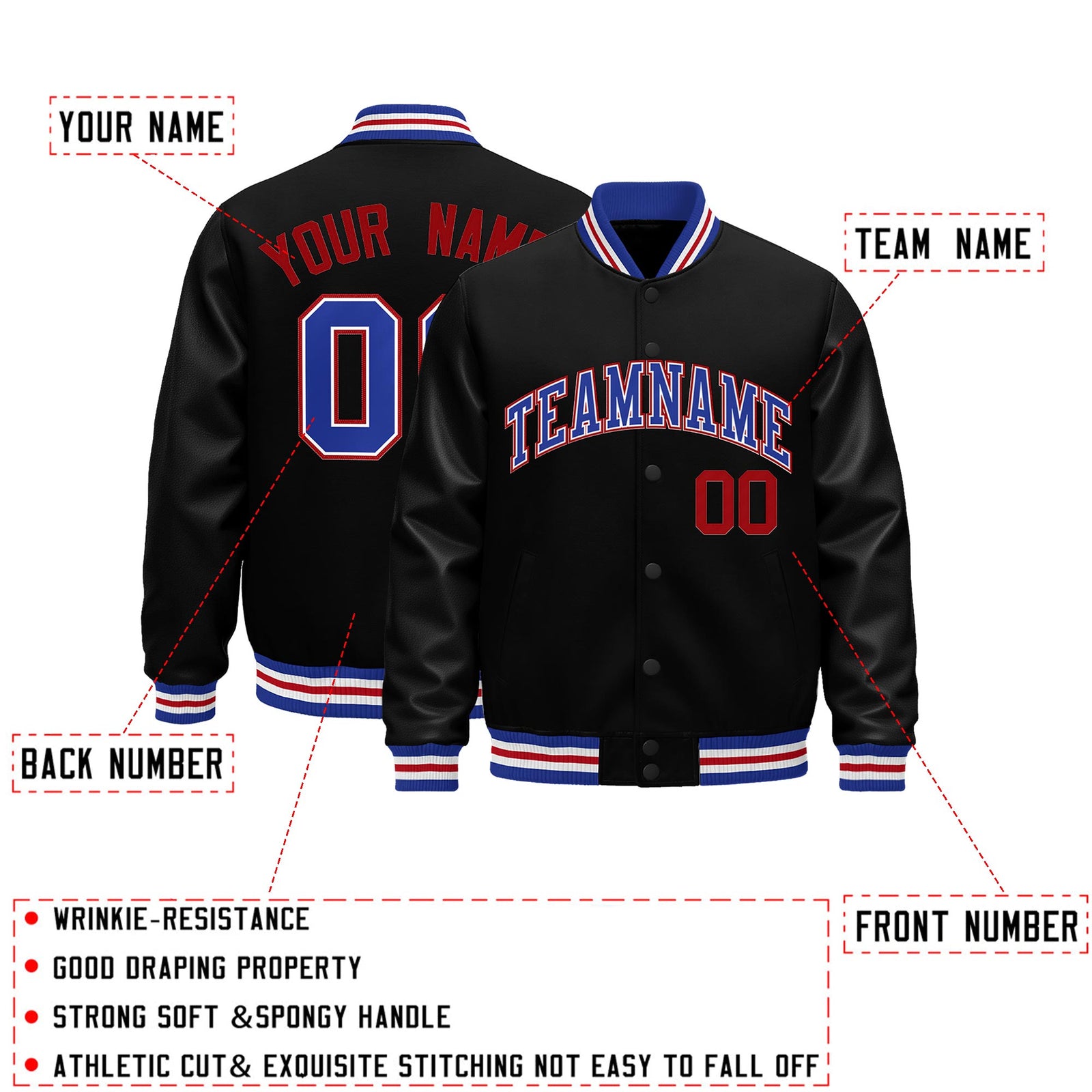 Custom Black Royal Blue White Classic Style Leather Sleeves Wrinkle-Resistant Jacket| KXKSHOP
