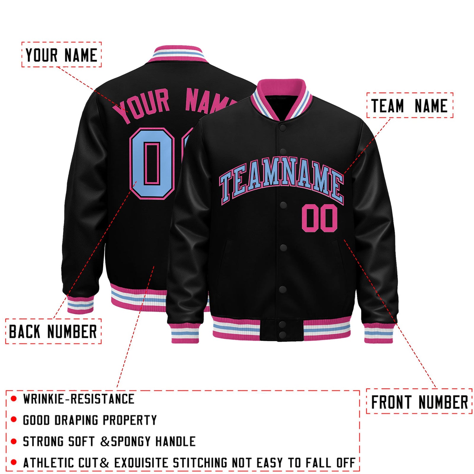 Custom Black Pink White Classic Style Leather Sleeves Wrinkle-Resistant Jacket| KXKSHOP