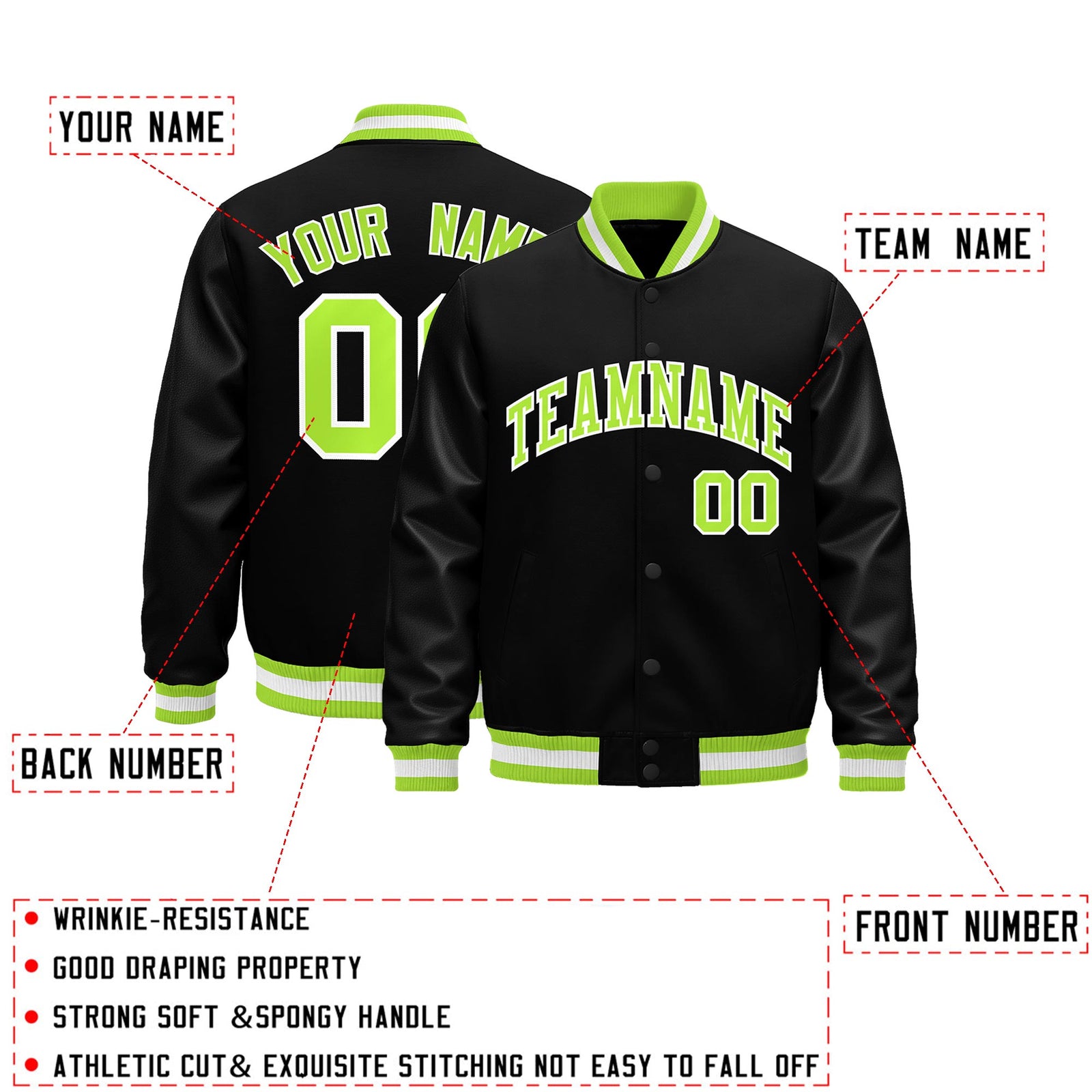 Custom Black Neon Green White Classic Style Leather Sleeves Wrinkle-Resistant Jacket| KXKSHOP