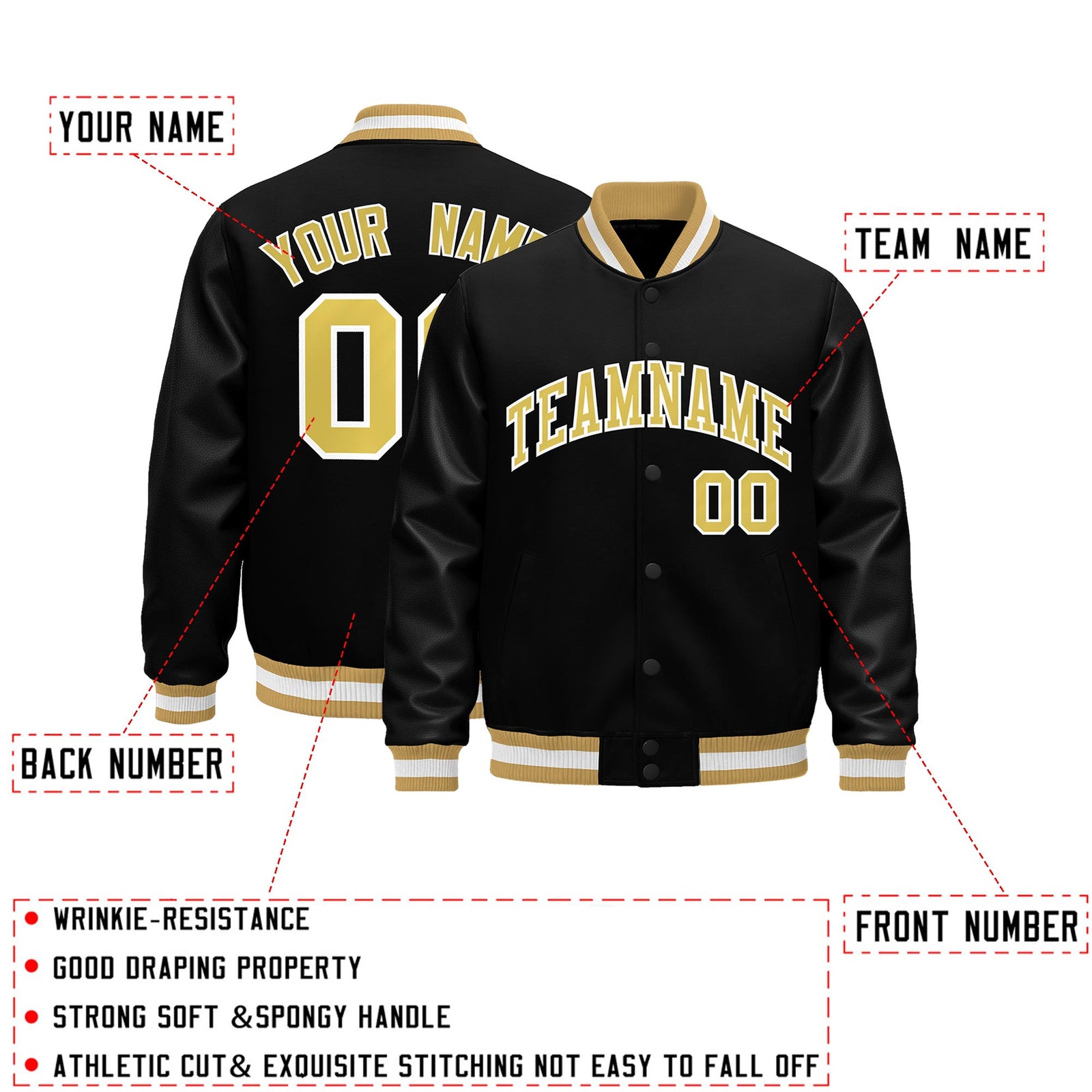 Custom Black Old Gold White Classic Style Leather Sleeves Wrinkle-Resistant Jacket| KXKSHOP