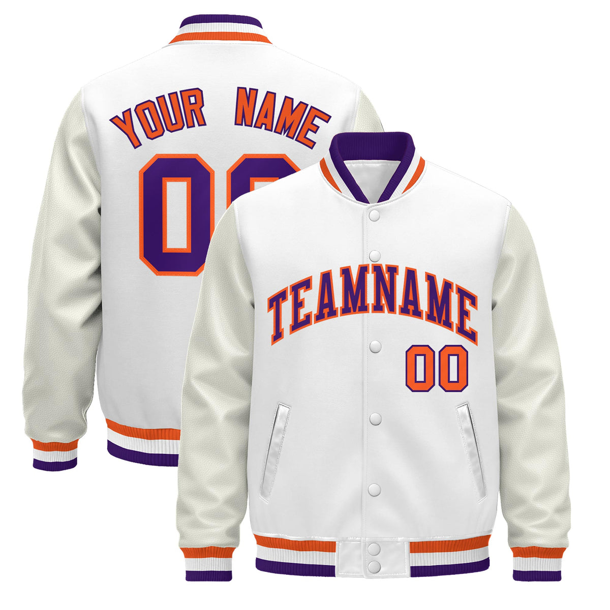 Custom White Purple Orange Jacket - Classic Style Leather Sleeves Wrinkle-Resistant