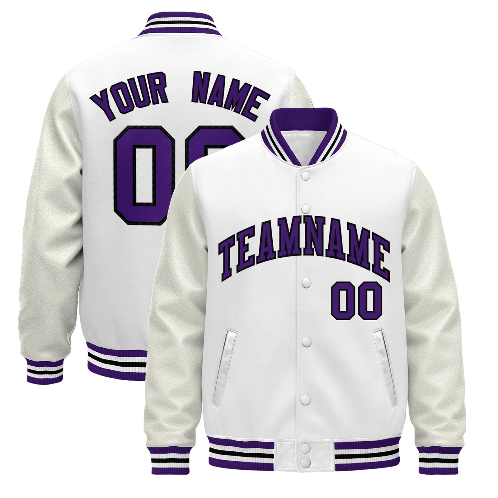 Custom White Purple Black Jacket - Classic Style Leather Sleeves Wrinkle-Resistant