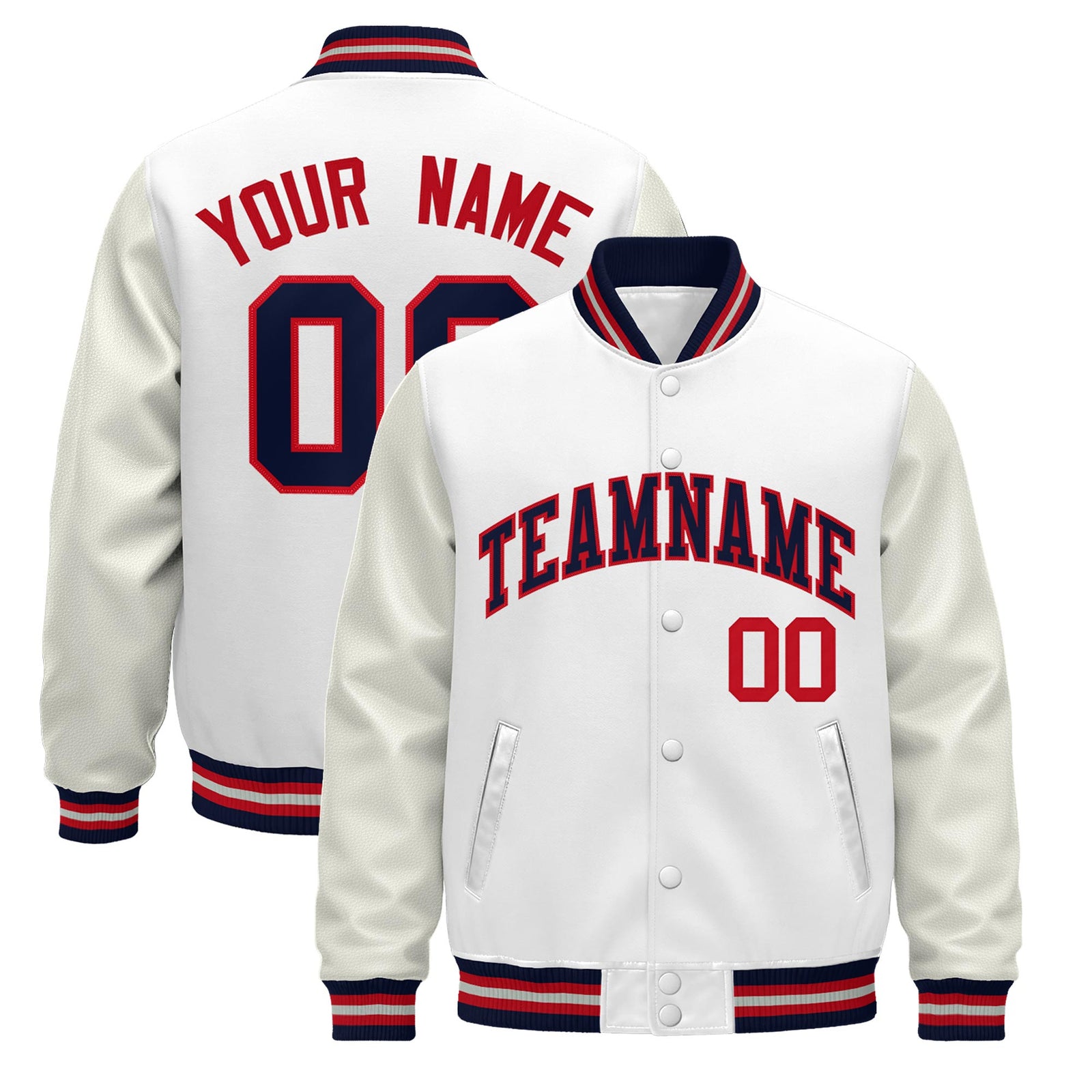 Custom White Navy Red Jacket - Classic Style Leather Sleeves Wrinkle-Resistant