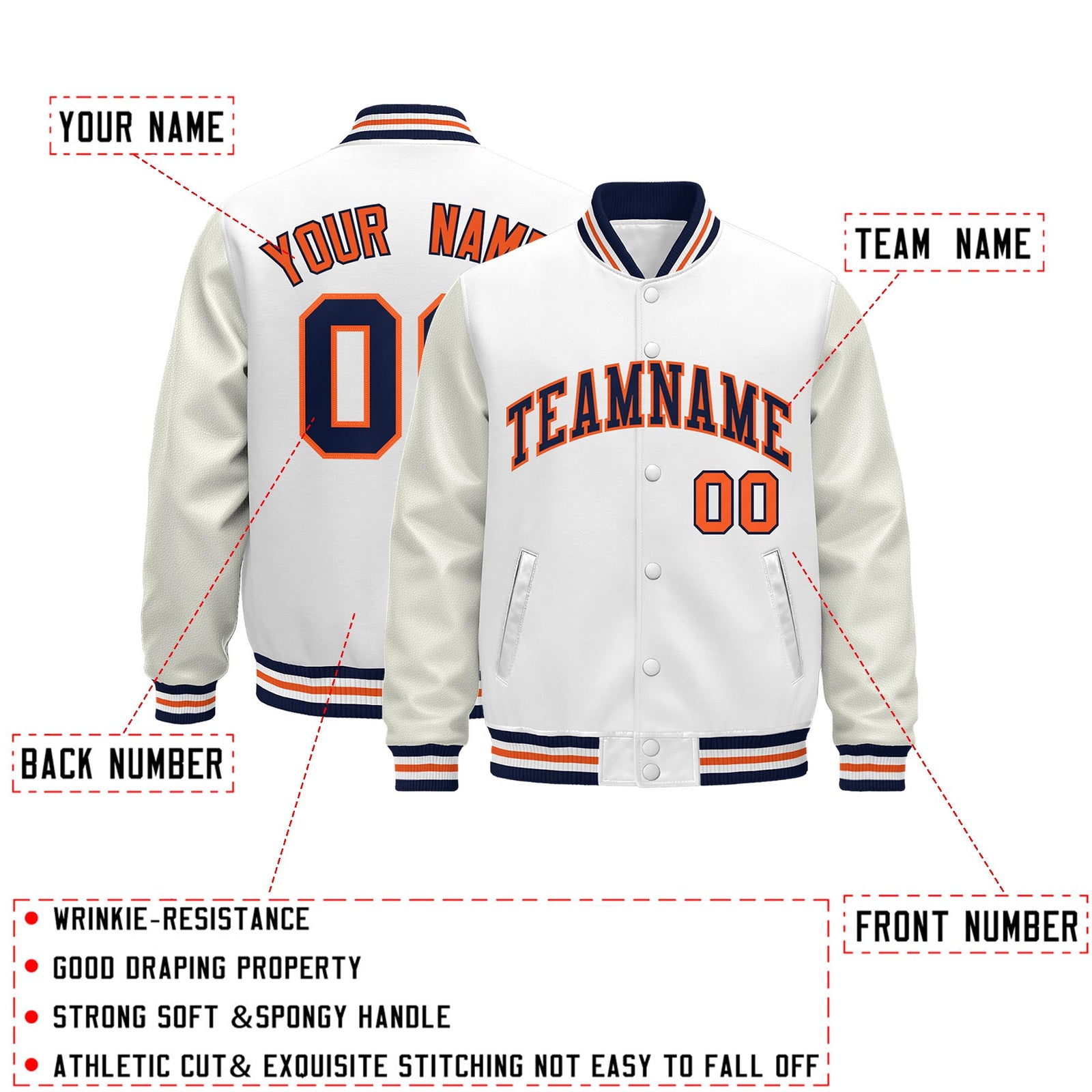 Custom White Navy Orange Classic Style Leather Sleeves Wrinkle-Resistant Jacket| KXKSHOP