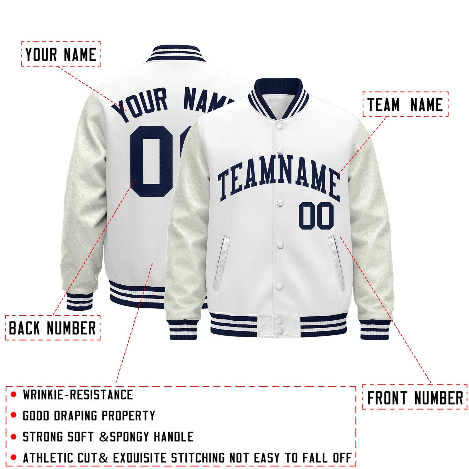 Custom White Navy Classic Style Leather Sleeves Wrinkle-Resistant Jacket| KXKSHOP