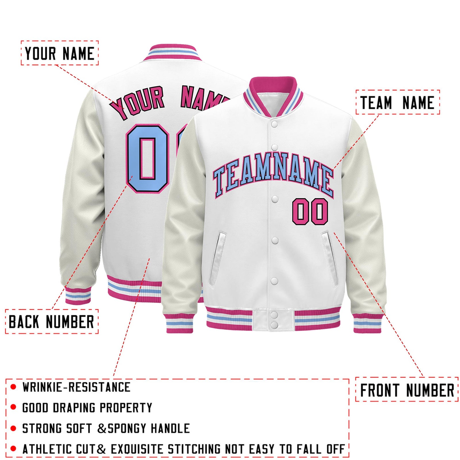Custom White Pink Light Blue Classic Style Leather Sleeves Wrinkle-Resistant Jacket| KXKSHOP