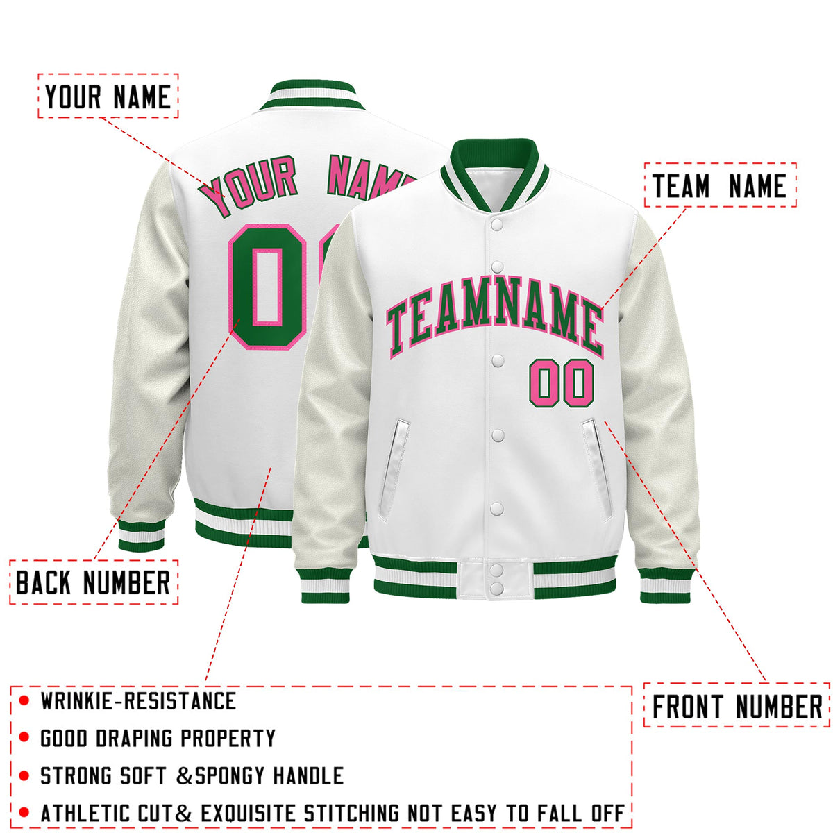 Custom White Kelly Green Classic Style Leather Sleeves Wrinkle-Resistant Jacket| KXKSHOP