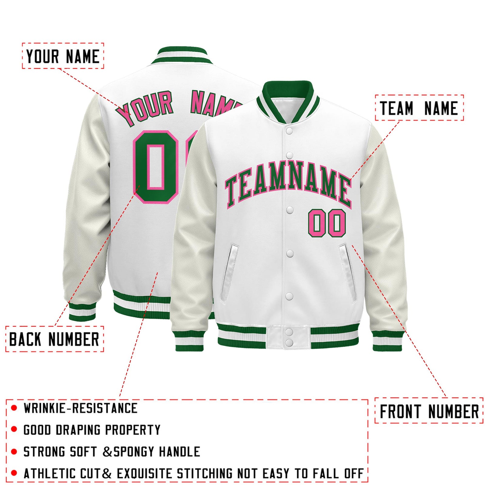 Custom White Kelly Green Classic Style Leather Sleeves Wrinkle-Resistant Jacket| KXKSHOP