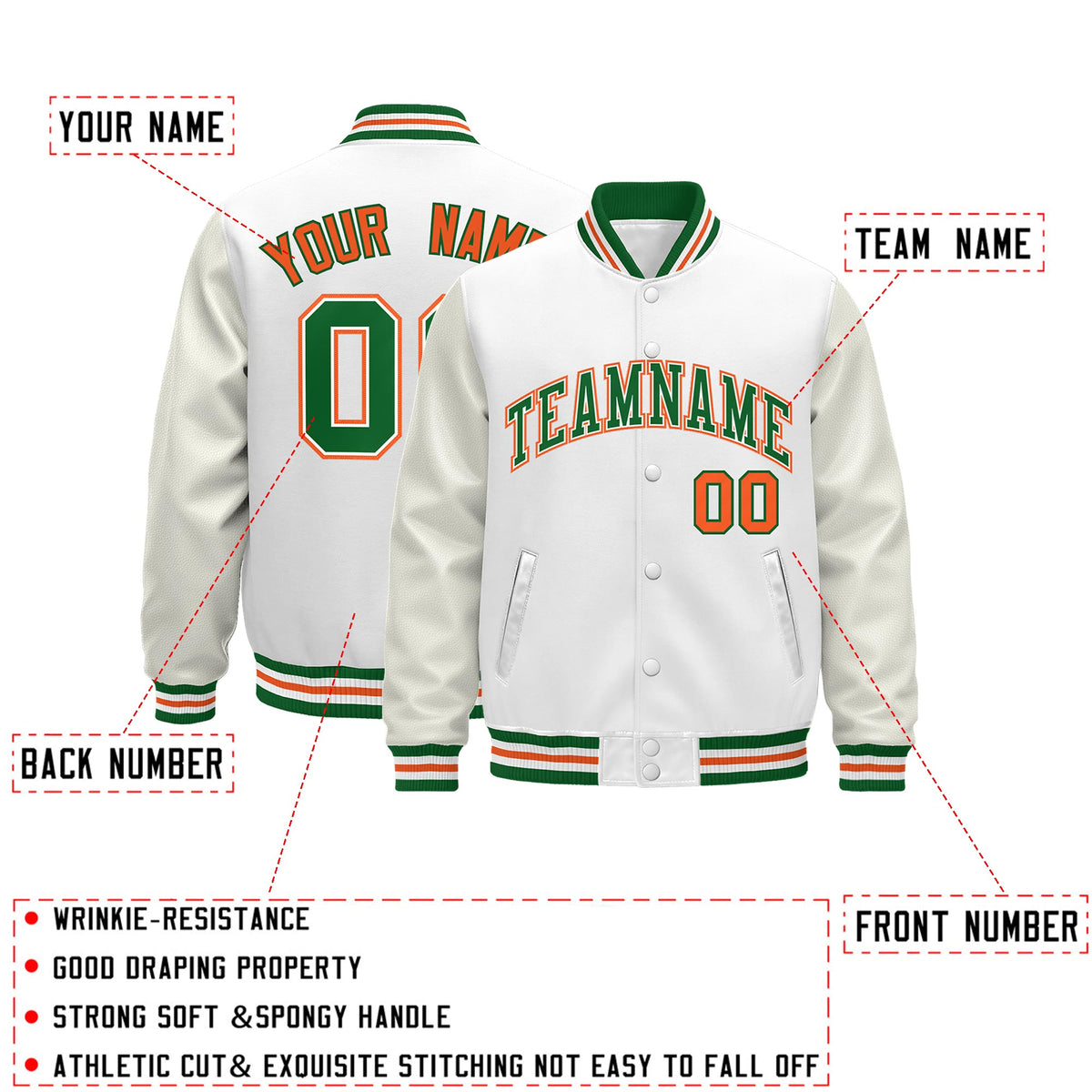 Custom White Kelly Green Orange Classic Style Leather Sleeves Wrinkle-Resistant Jacket| KXKSHOP