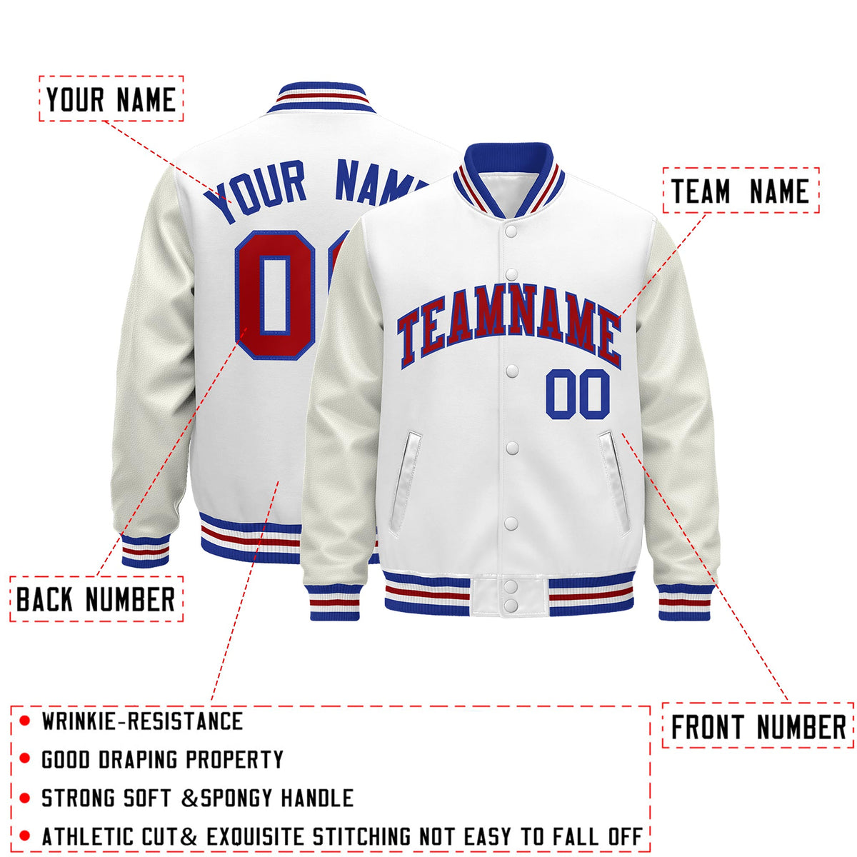 Custom White Royal Blue Red Classic Style Leather Sleeves Wrinkle-Resistant Jacket| KXKSHOP