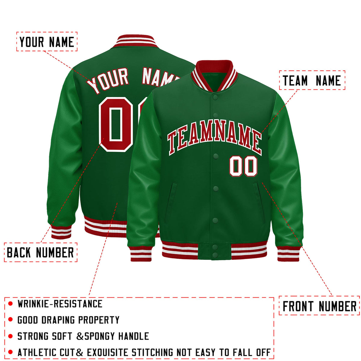 Custom Kelly Green Red White Classic Style Leather Sleeves Wrinkle-Resistant Jacket| KXKSHOP