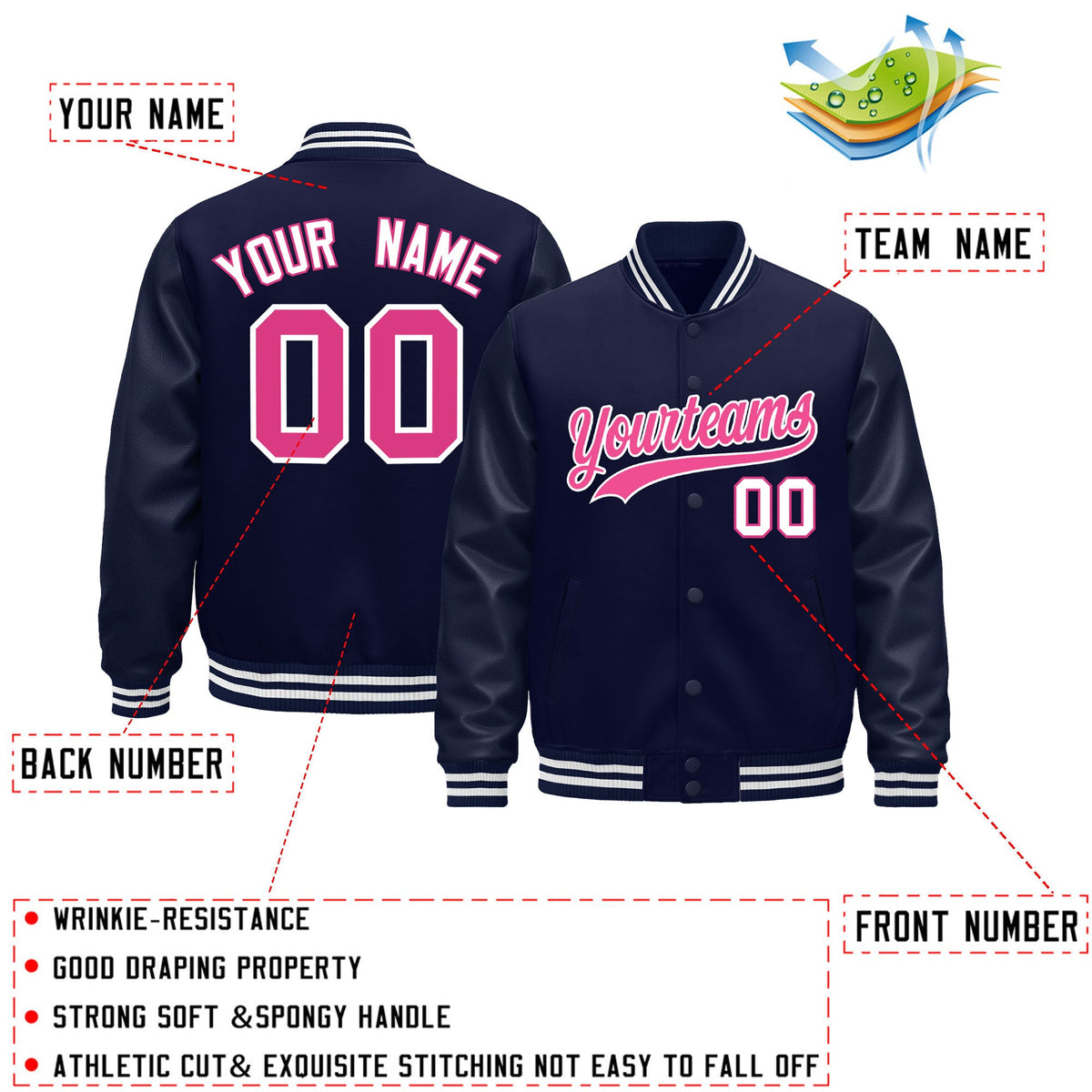 Custom Navy White Classic Style Leather Sleeves Wrinkle-Resistant Jacket| KXKSHOP