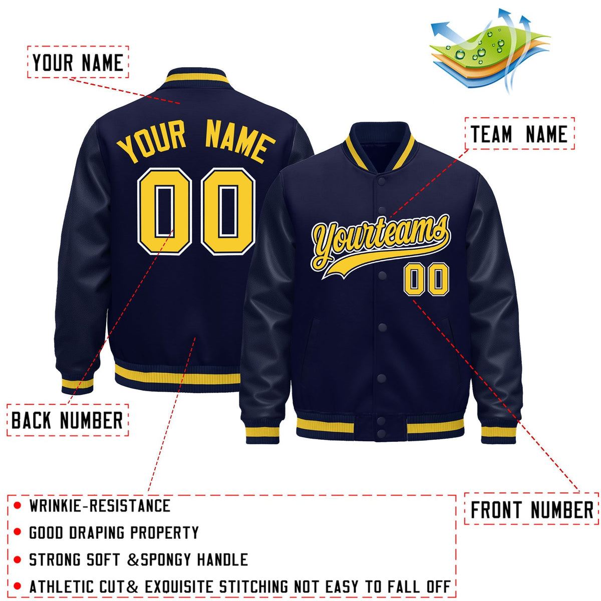 Custom Navy Gold Classic Style Leather Sleeves Wrinkle-Resistant Jacket| KXKSHOP