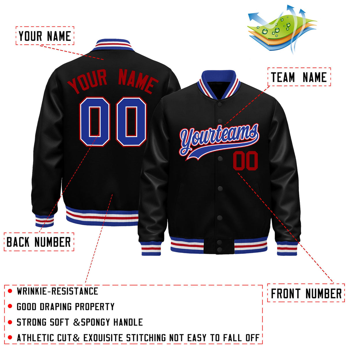 Custom Black Royal Blue White Classic Style Leather Sleeves Wrinkle-Resistant Jacket| KXKSHOP