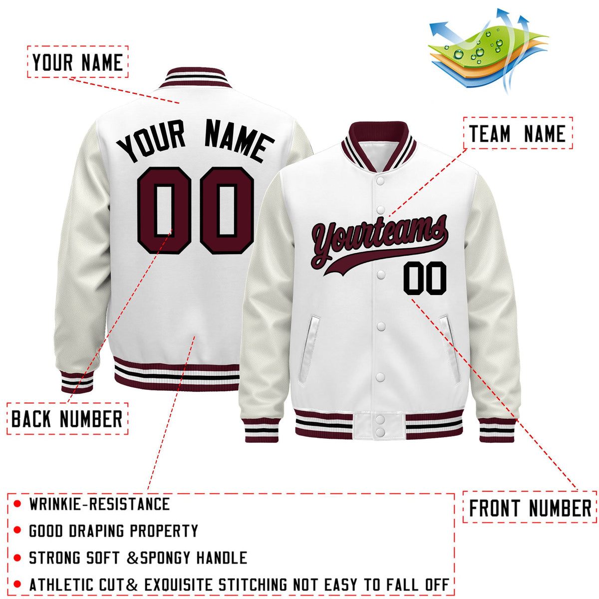 Custom White Crimson Black Classic Style Leather Sleeves Wrinkle-Resistant Jacket| KXKSHOP