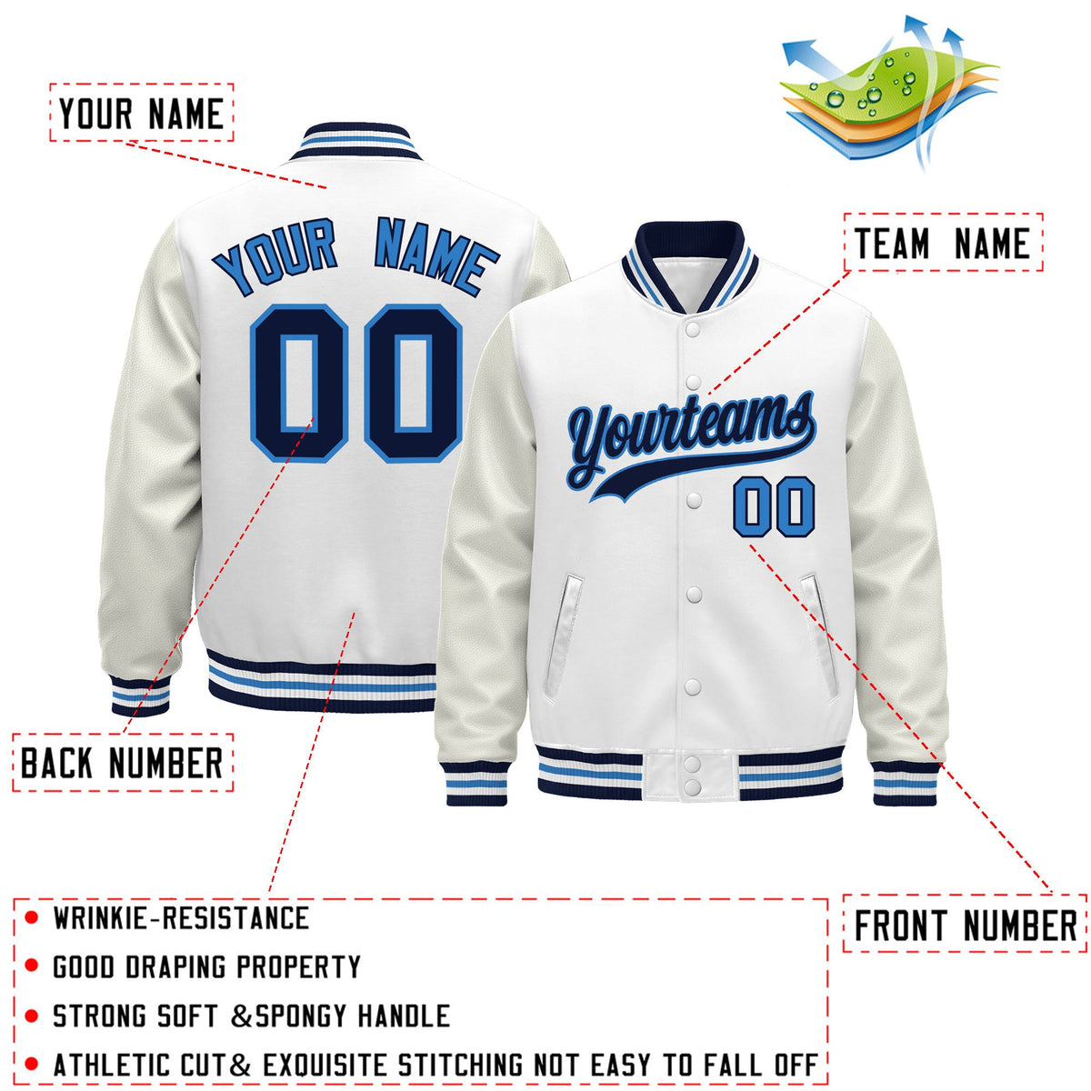 Custom White Navy Powder Blue Classic Style Leather Sleeves Wrinkle-Resistant Jacket| KXKSHOP