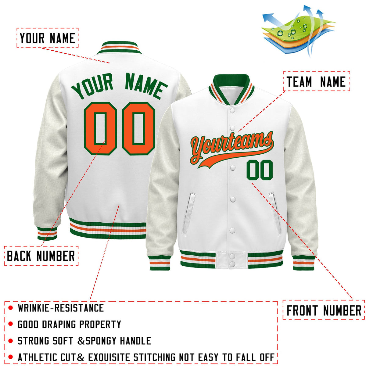 Custom White Kelly Green Orange Classic Style Leather Sleeves Wrinkle-Resistant Jacket| KXKSHOP