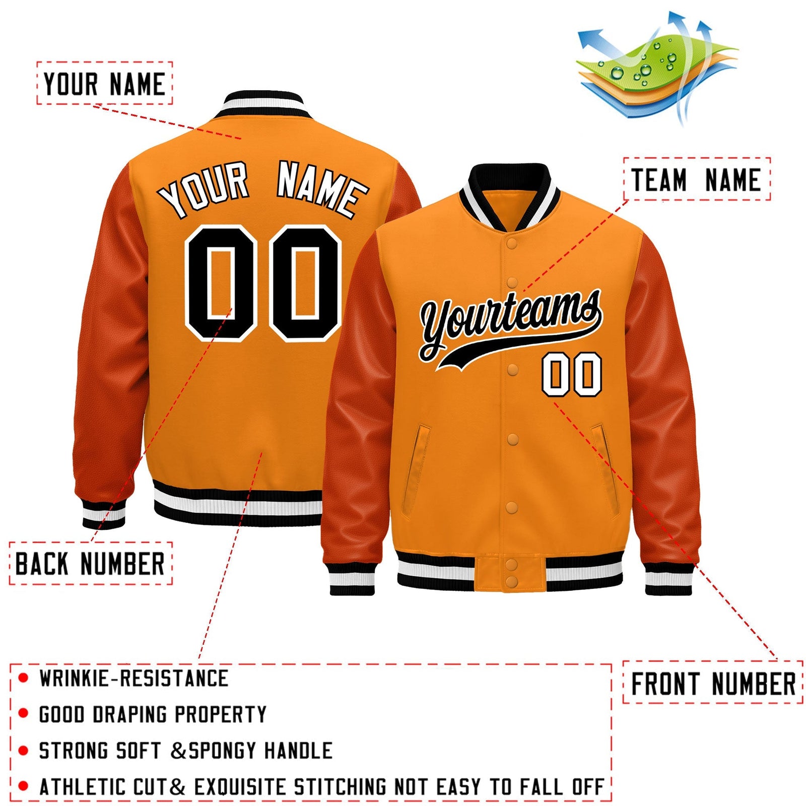 Custom Orange Black White Classic Style Leather Sleeves Wrinkle-Resistant Jacket| KXKSHOP
