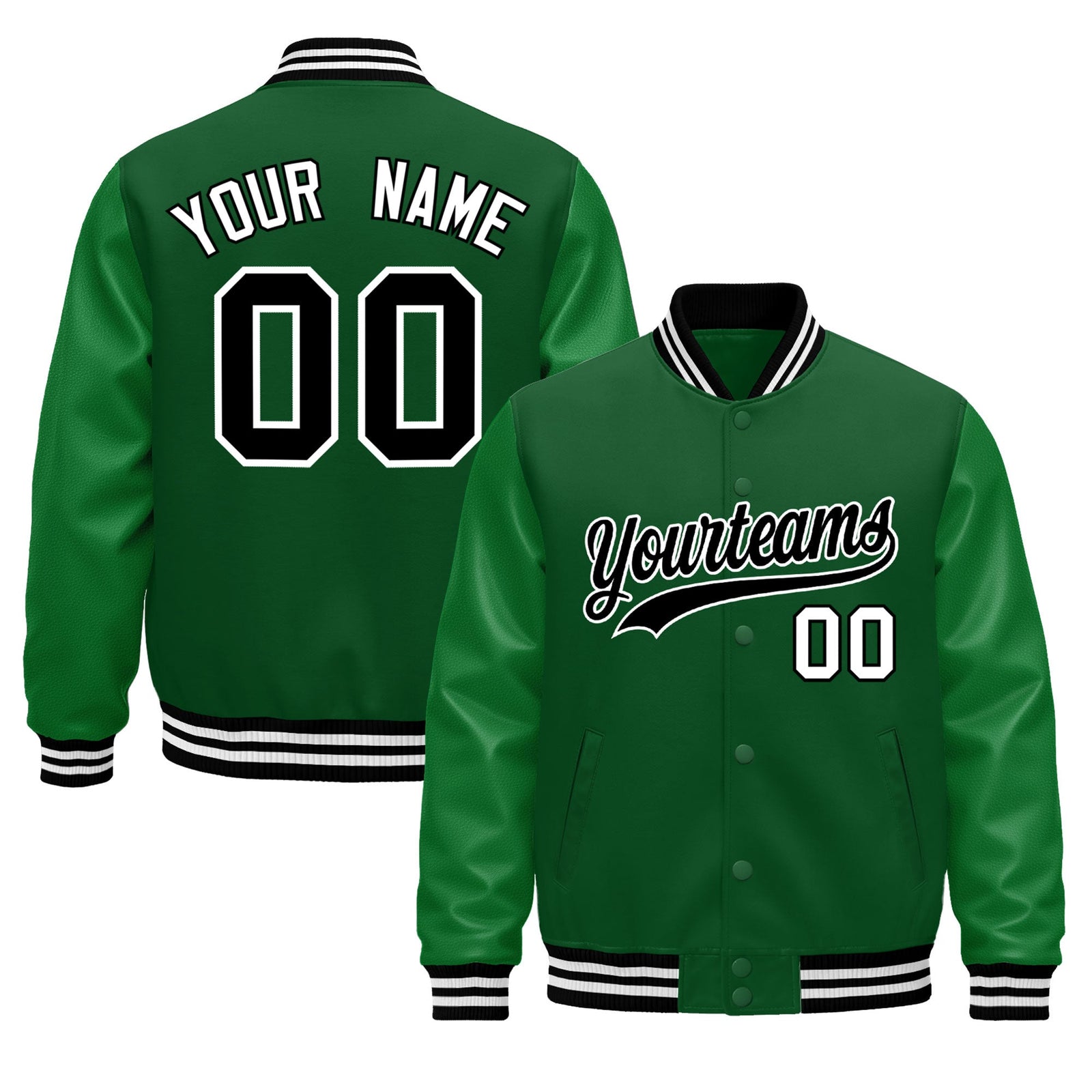Custom Kelly Green Black White Classic Style Leather Sleeves Wrinkle-Resistant Jacket| KXKSHOP