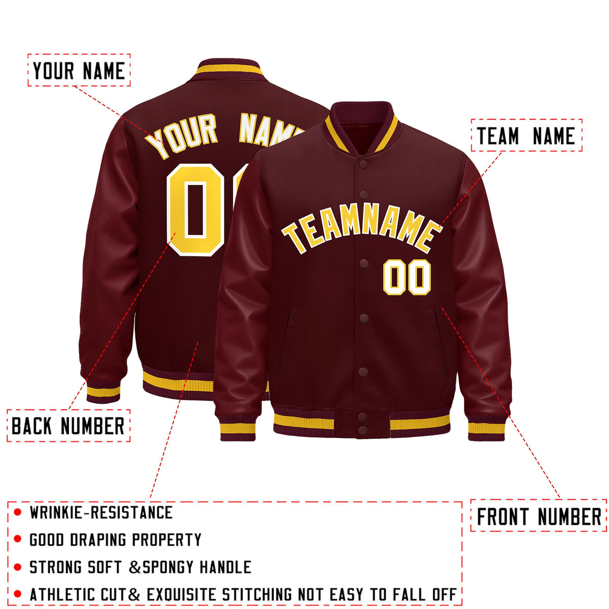 Custom Burgundy White Classic Style Leather Sleeves Wrinkle-Resistant Jacket| KXKSHOP
