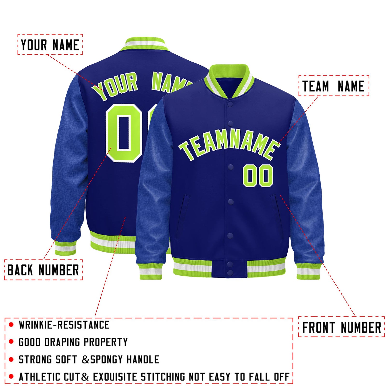 Custom Royal Blue White Classic Style Leather Sleeves Wrinkle-Resistant Jacket| KXKSHOP