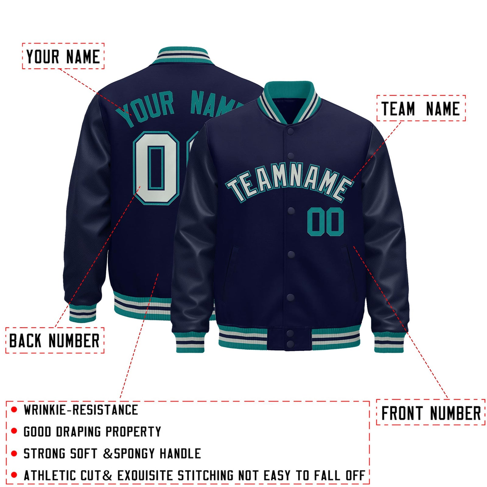 Custom Navy Teal Gray Classic Style Leather Sleeves Wrinkle-Resistant Jacket| KXKSHOP