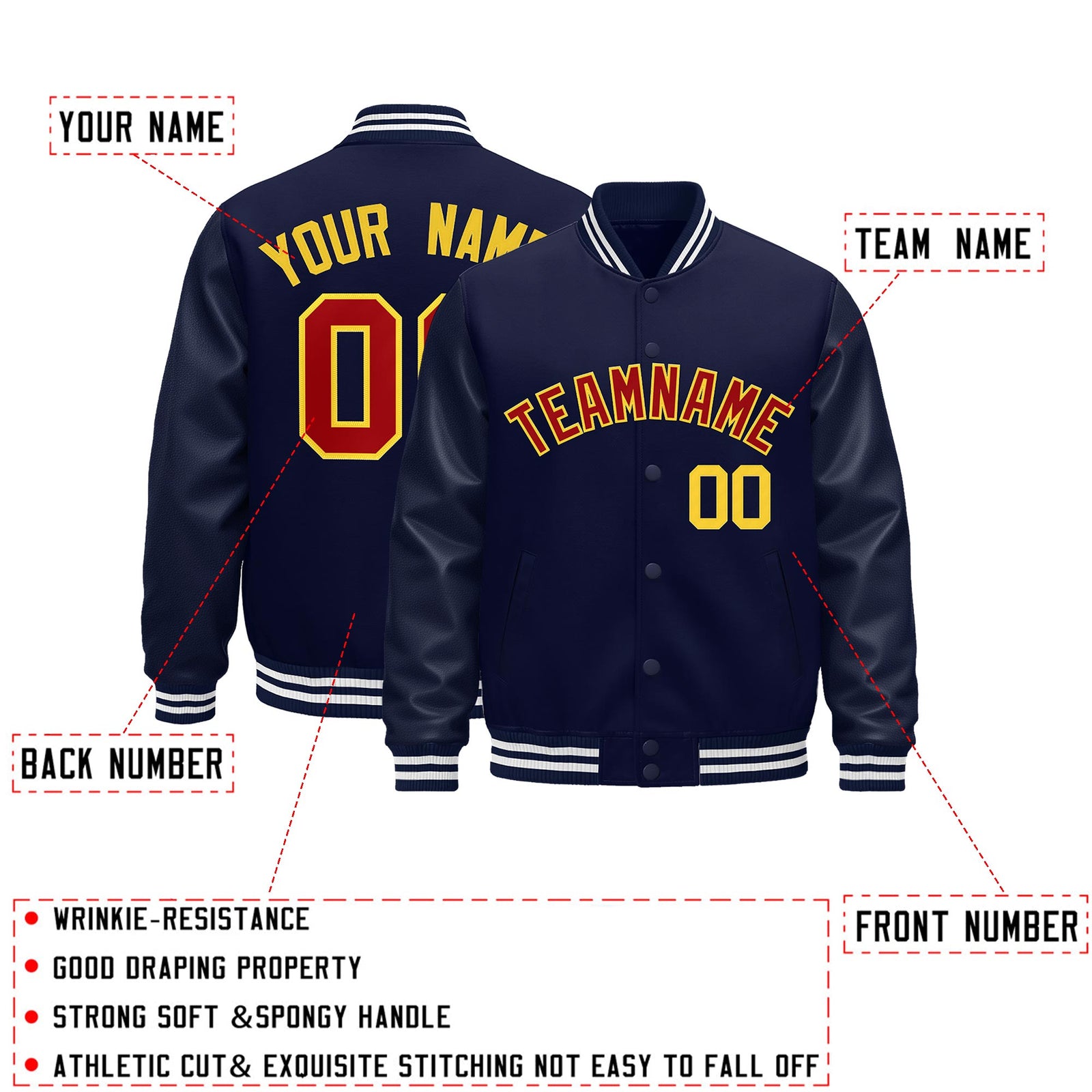 Custom Navy White Classic Style Leather Sleeves Wrinkle-Resistant Jacket| KXKSHOP