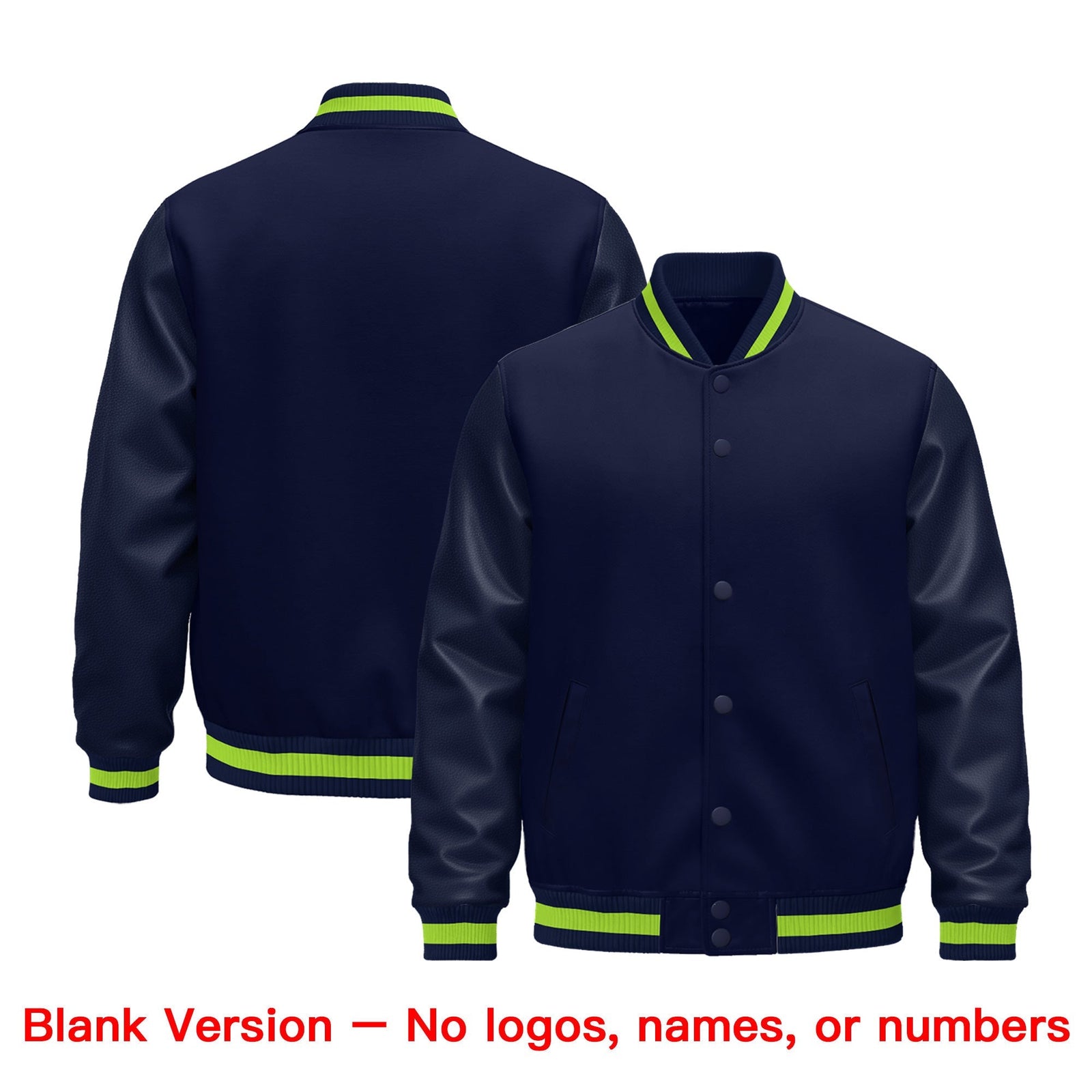 Custom Navy Neon Green Classic Style Leather Sleeves Wrinkle-Resistant Jacket| KXKSHOP