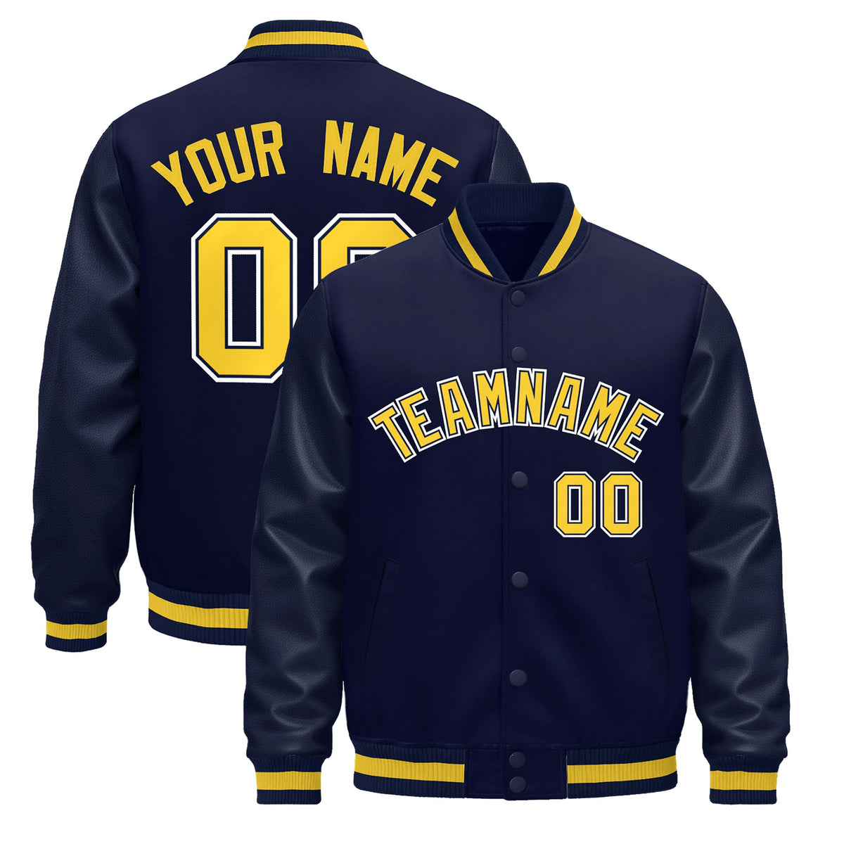 Custom Navy Gold Jacket - Classic Style Leather Sleeves Wrinkle-Resistant