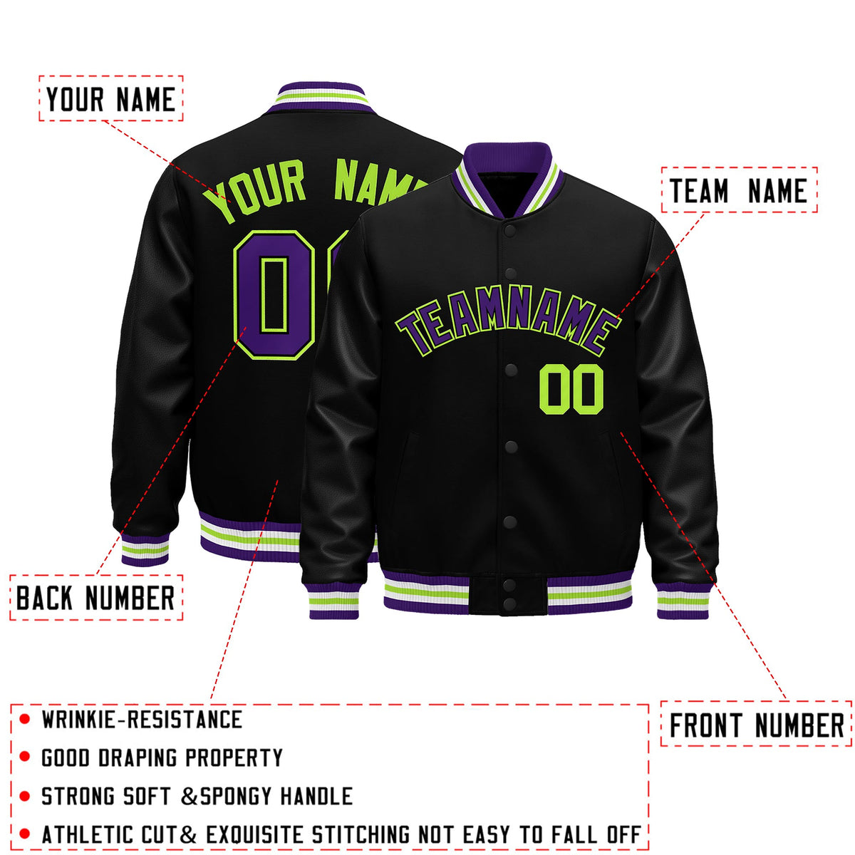 Custom Black Purple White Classic Style Leather Sleeves Wrinkle-Resistant Jacket| KXKSHOP