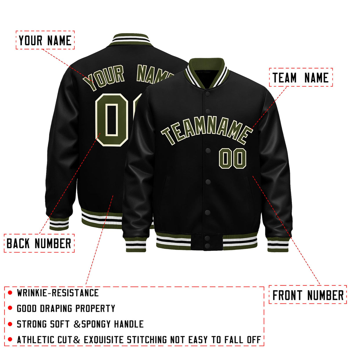 Custom Black Olive White Classic Style Leather Sleeves Wrinkle-Resistant Jacket| KXKSHOP