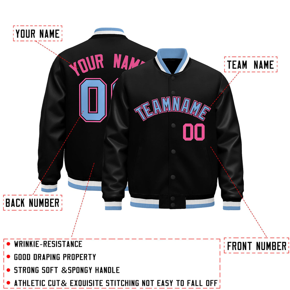 Custom Black Light Blue White Classic Style Leather Sleeves Wrinkle-Resistant Jacket| KXKSHOP