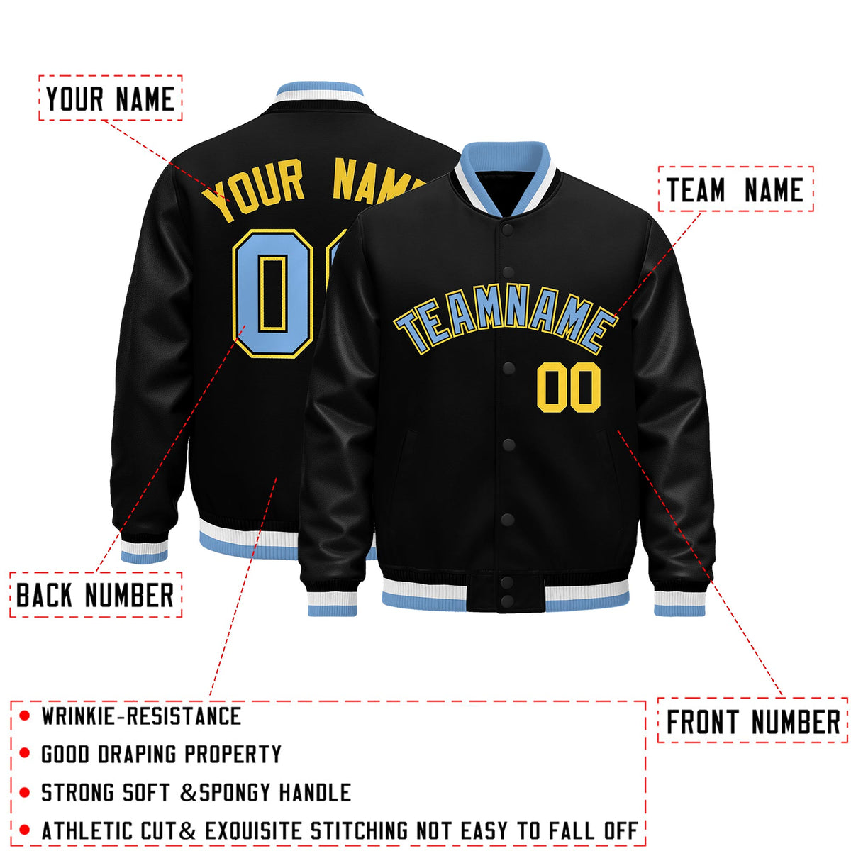 Custom Black Light Blue White Classic Style Leather Sleeves Wrinkle-Resistant Jacket| KXKSHOP