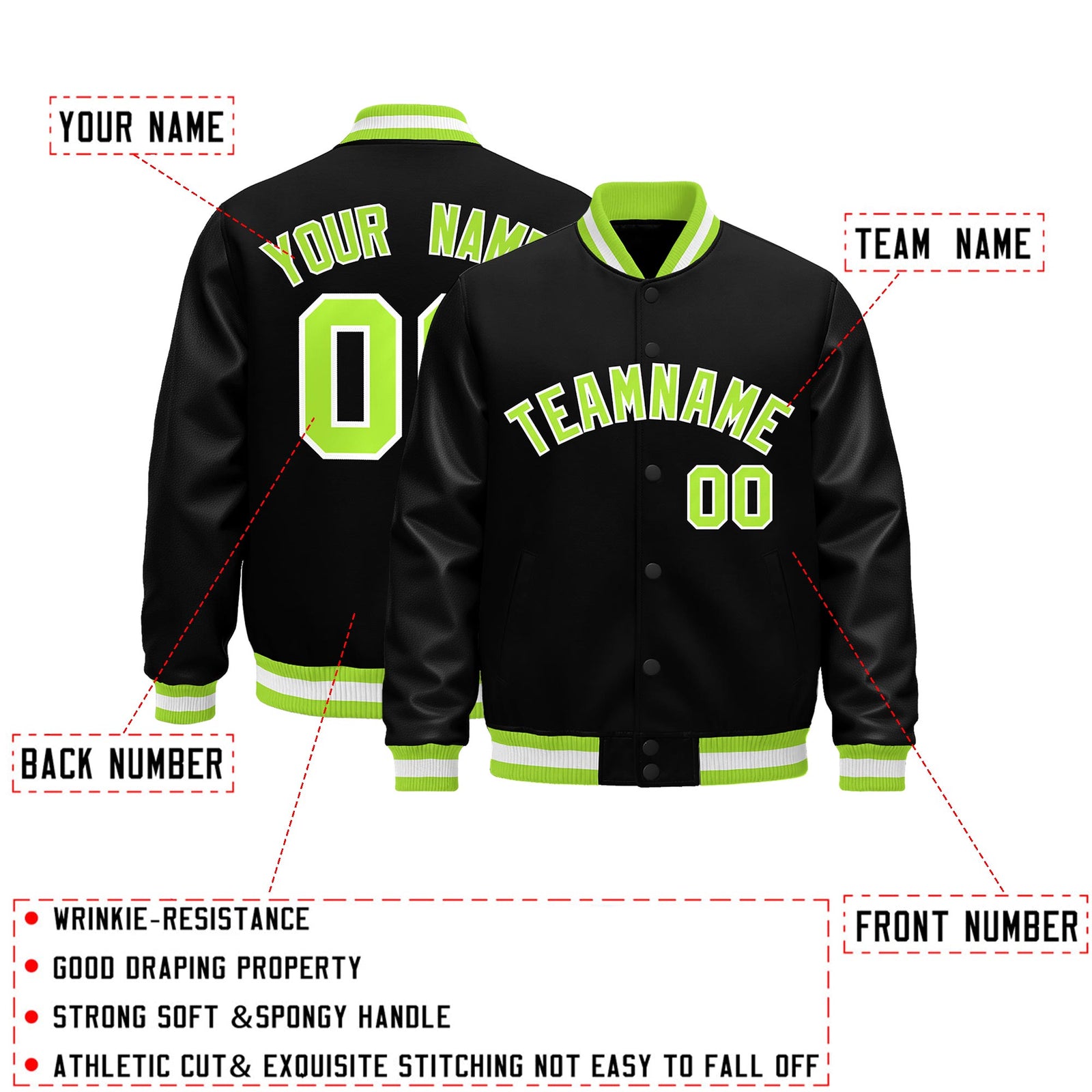Custom Black Neon Green White Classic Style Leather Sleeves Wrinkle-Resistant Jacket| KXKSHOP