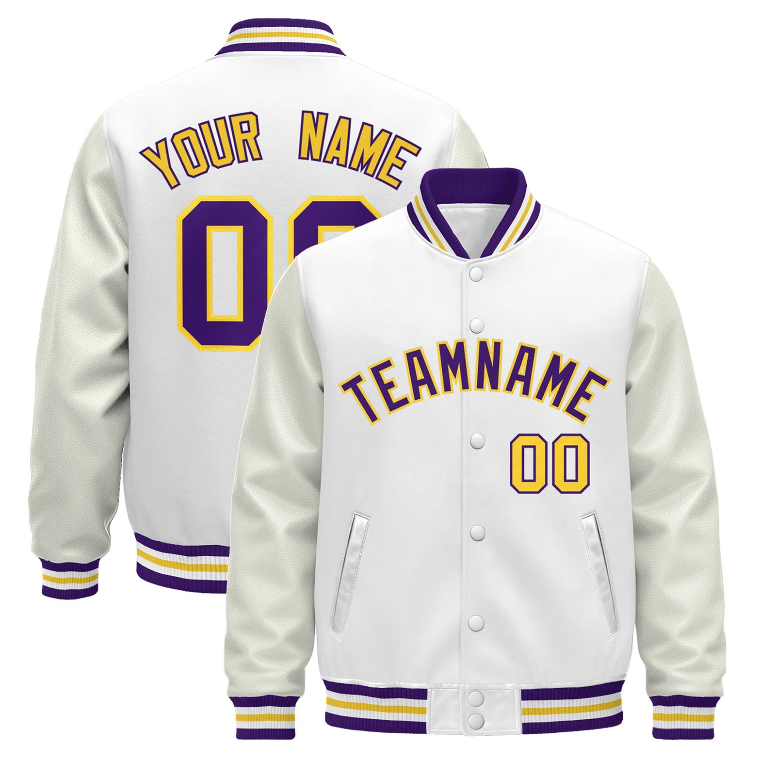 Custom White Purple Gold Jacket - Classic Style Leather Sleeves Wrinkle-Resistant