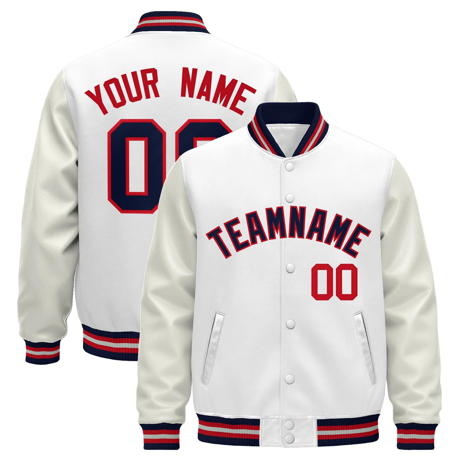 Custom White Navy Red Jacket - Classic Style Leather Sleeves Wrinkle-Resistant
