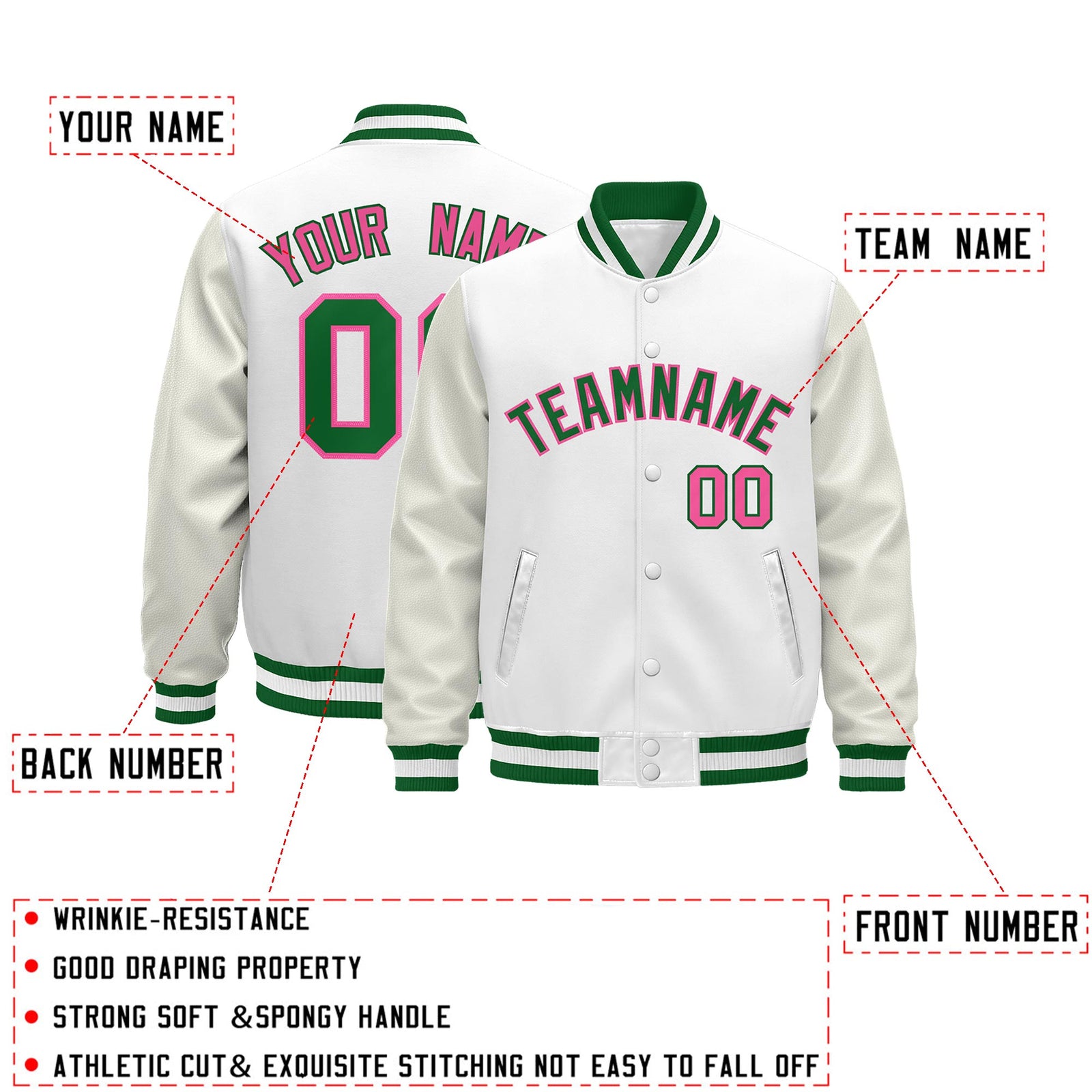 Custom White Kelly Green Classic Style Leather Sleeves Wrinkle-Resistant Jacket| KXKSHOP