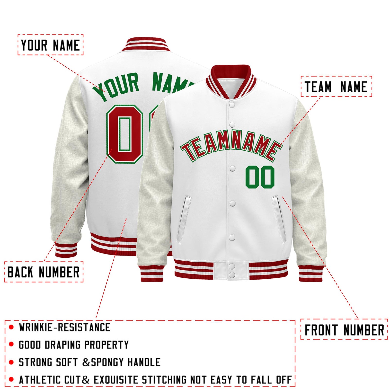 Custom White Red Classic Style Leather Sleeves Wrinkle-Resistant Jacket| KXKSHOP