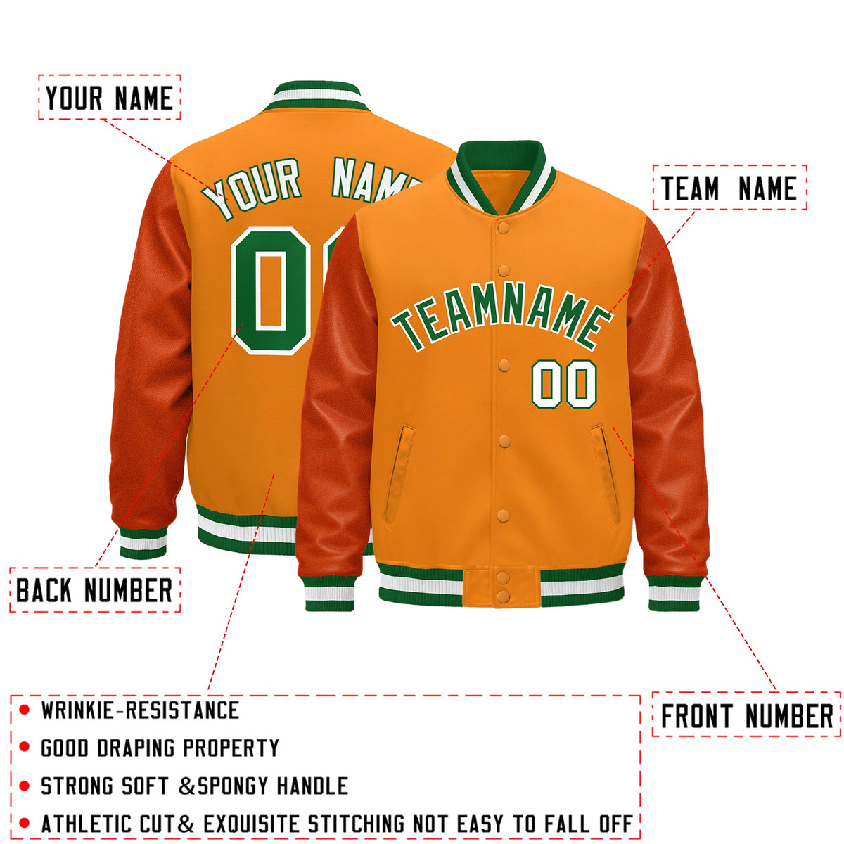 Custom Kelly Green White Classic Style Leather Sleeves Wrinkle-Resistant Jacket| KXKSHOP