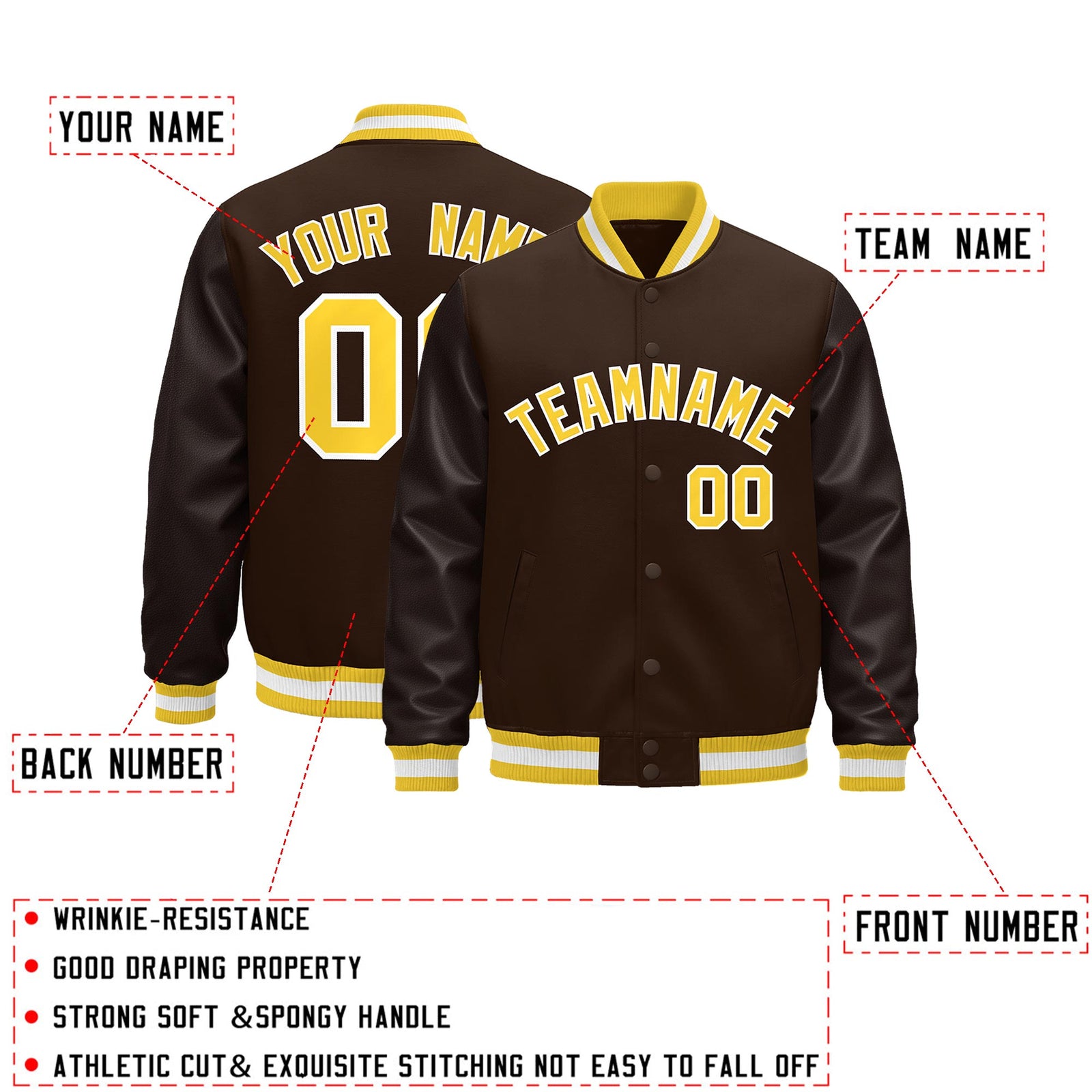 Custom Brown Gold White Classic Style Leather Sleeves Wrinkle-Resistant Jacket| KXKSHOP