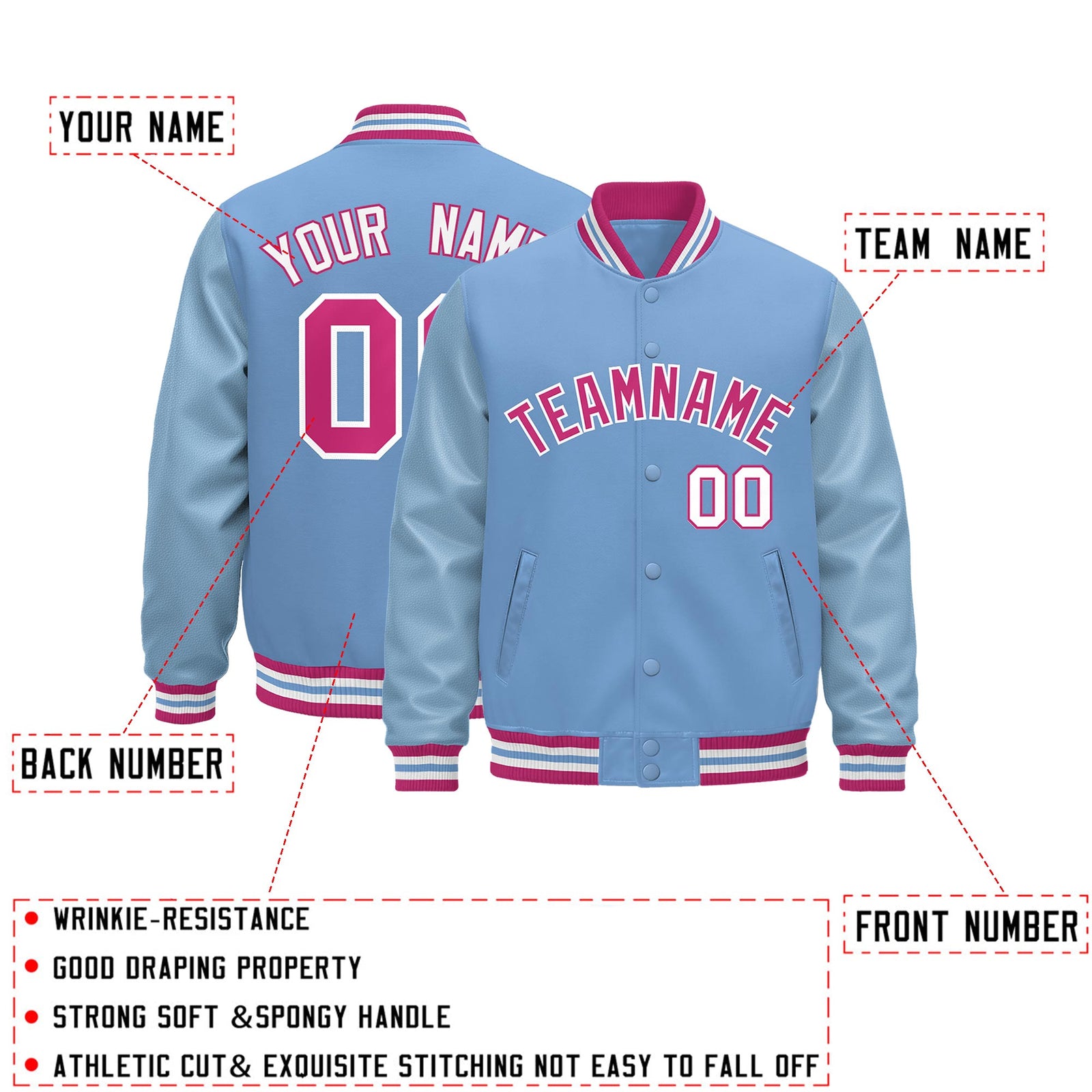 Custom Powder Blue Pink White Classic Style Leather Sleeves Wrinkle-Resistant Jacket| KXKSHOP