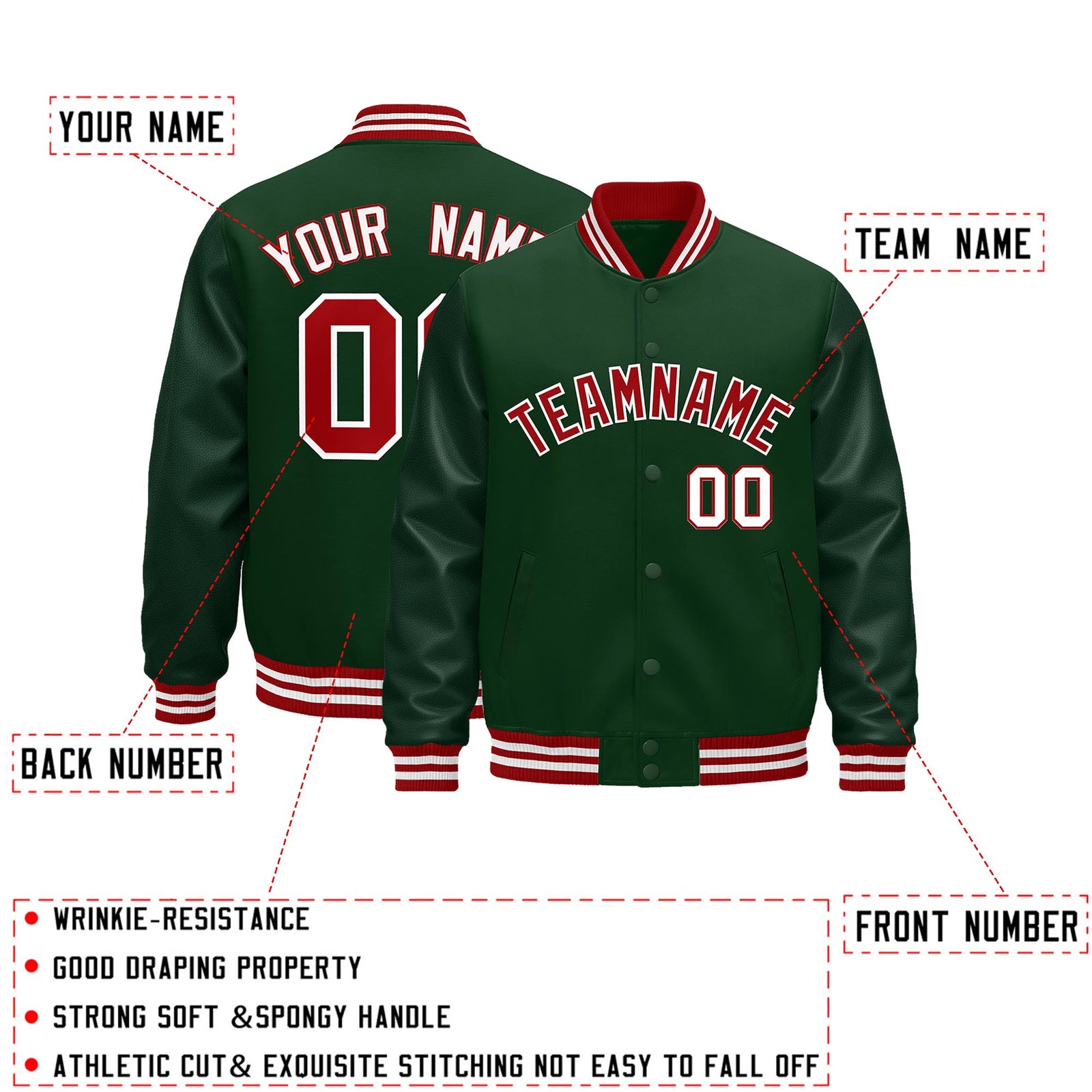 Custom Green Red White Classic Style Leather Sleeves Wrinkle-Resistant Jacket| KXKSHOP